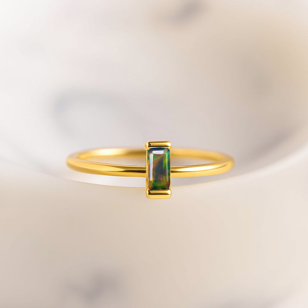 4X2MM Baguette Shape Black Opal Solitaire October Birthstone Ring