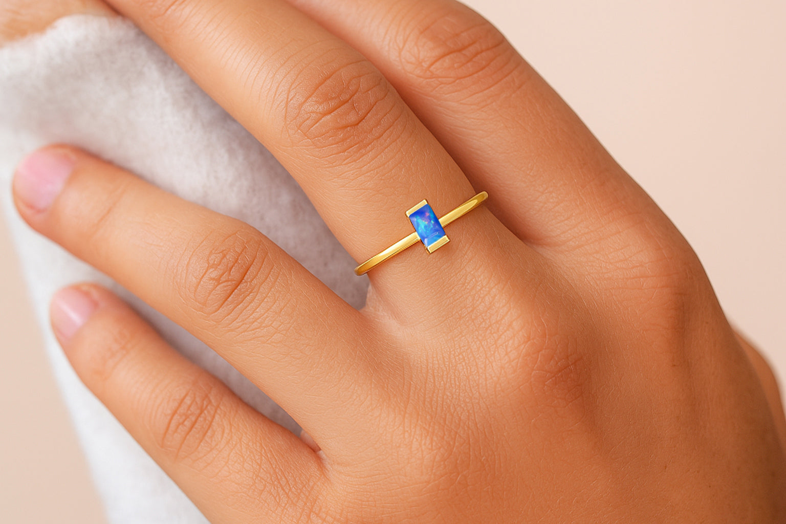 4X2MM Baguette Shape Blue Opal Solitaire October Birthstone Ring