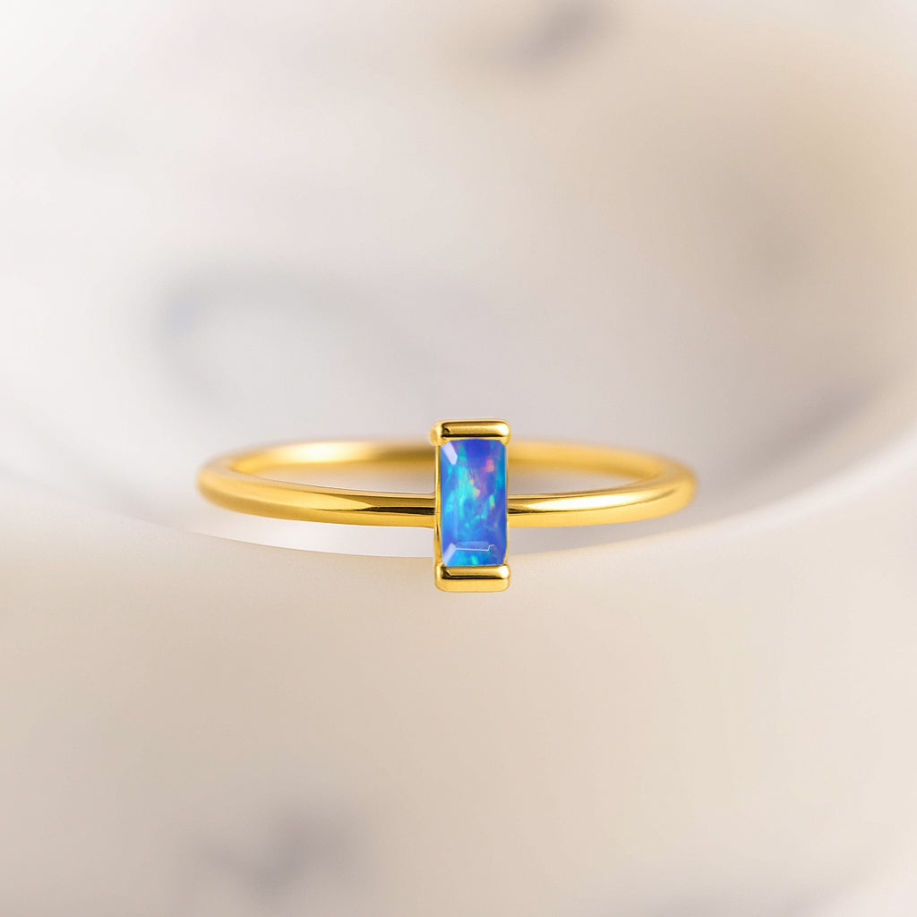 4X2MM Baguette Shape Blue Opal Solitaire October Birthstone Ring