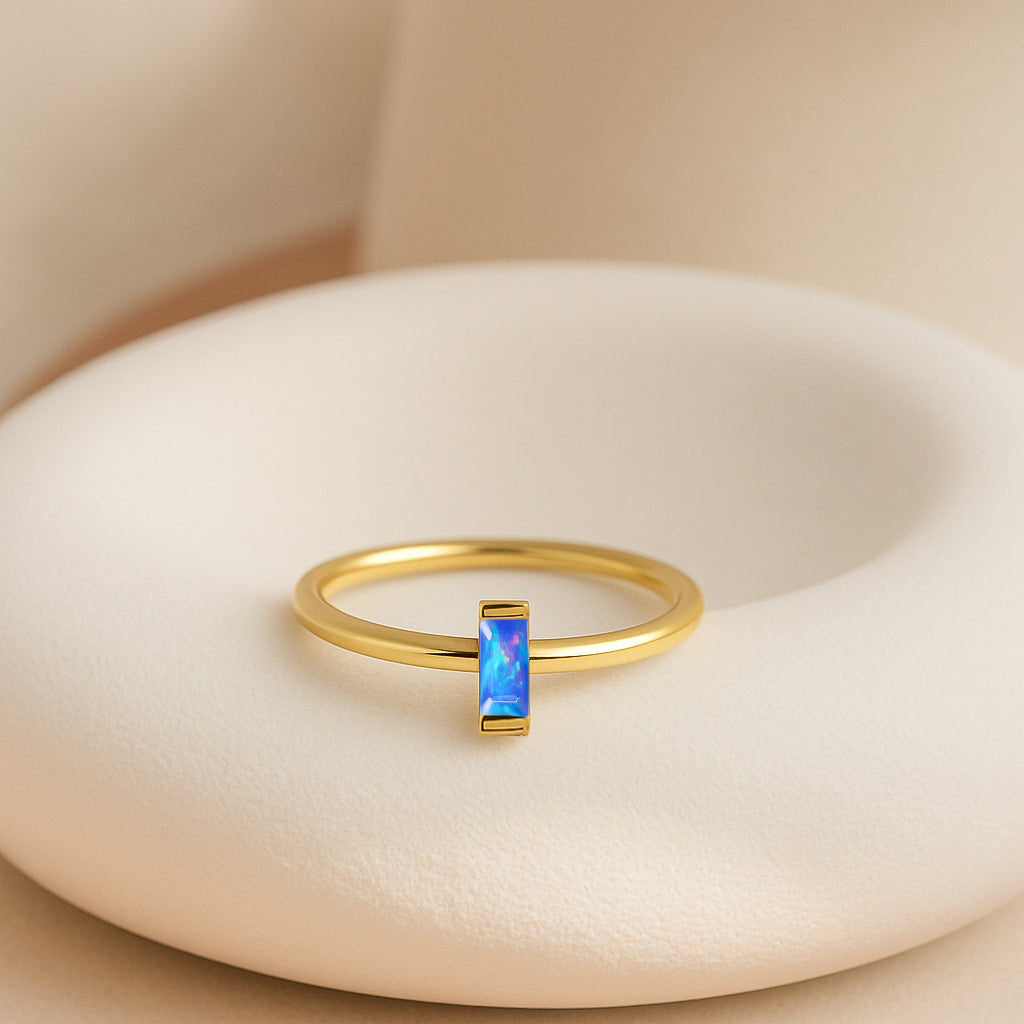 4X2MM Baguette Shape Blue Opal Solitaire October Birthstone Ring