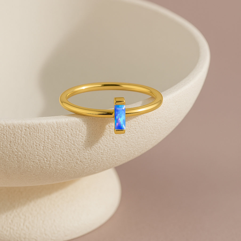 4X2MM Baguette Shape Blue Opal Solitaire October Birthstone Ring