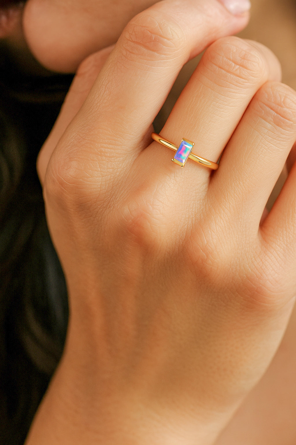 4X2MM Baguette Shape Lavender Opal Solitaire October Birthstone Ring