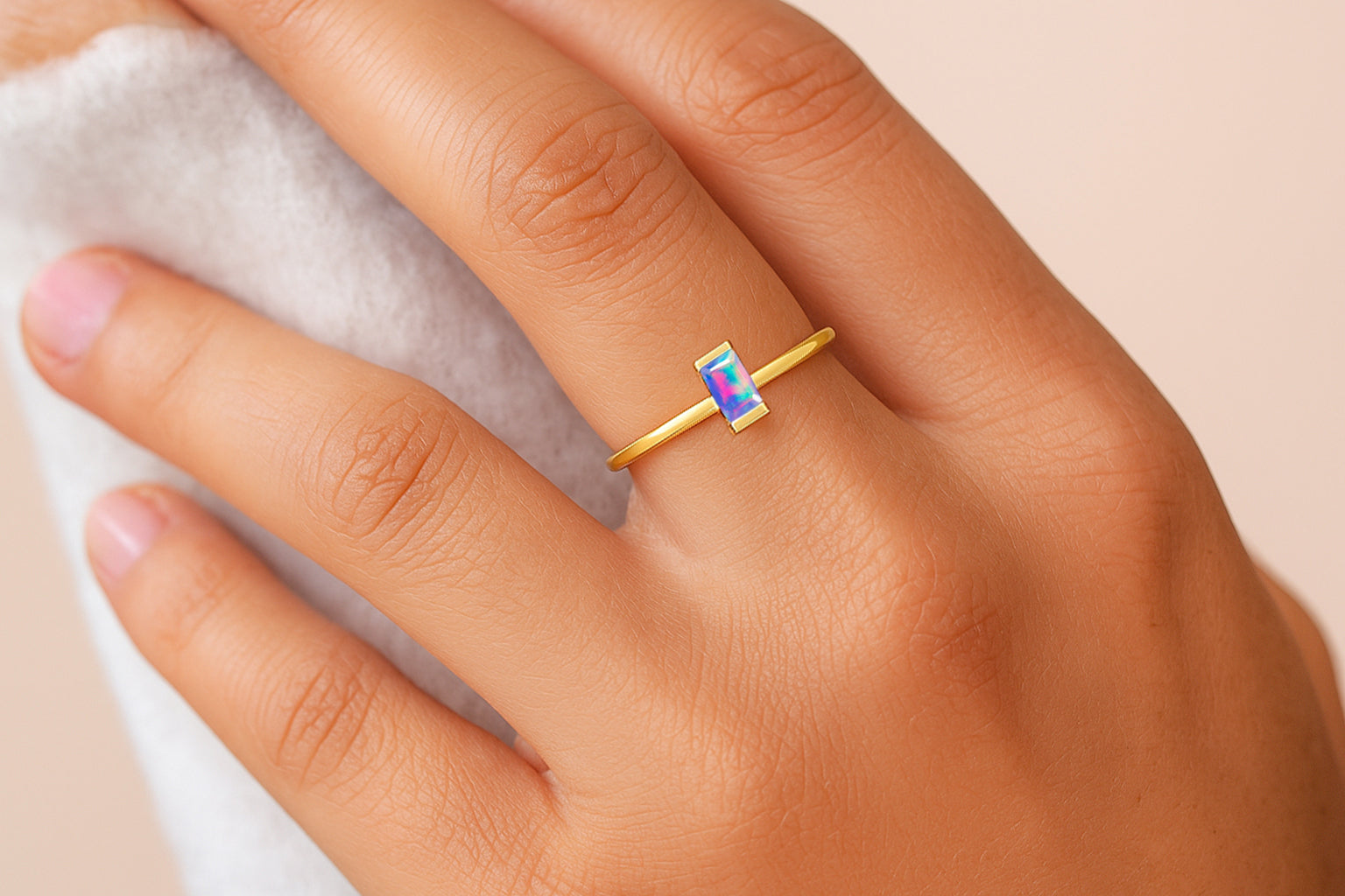 4X2MM Baguette Shape Lavender Opal Solitaire October Birthstone Ring