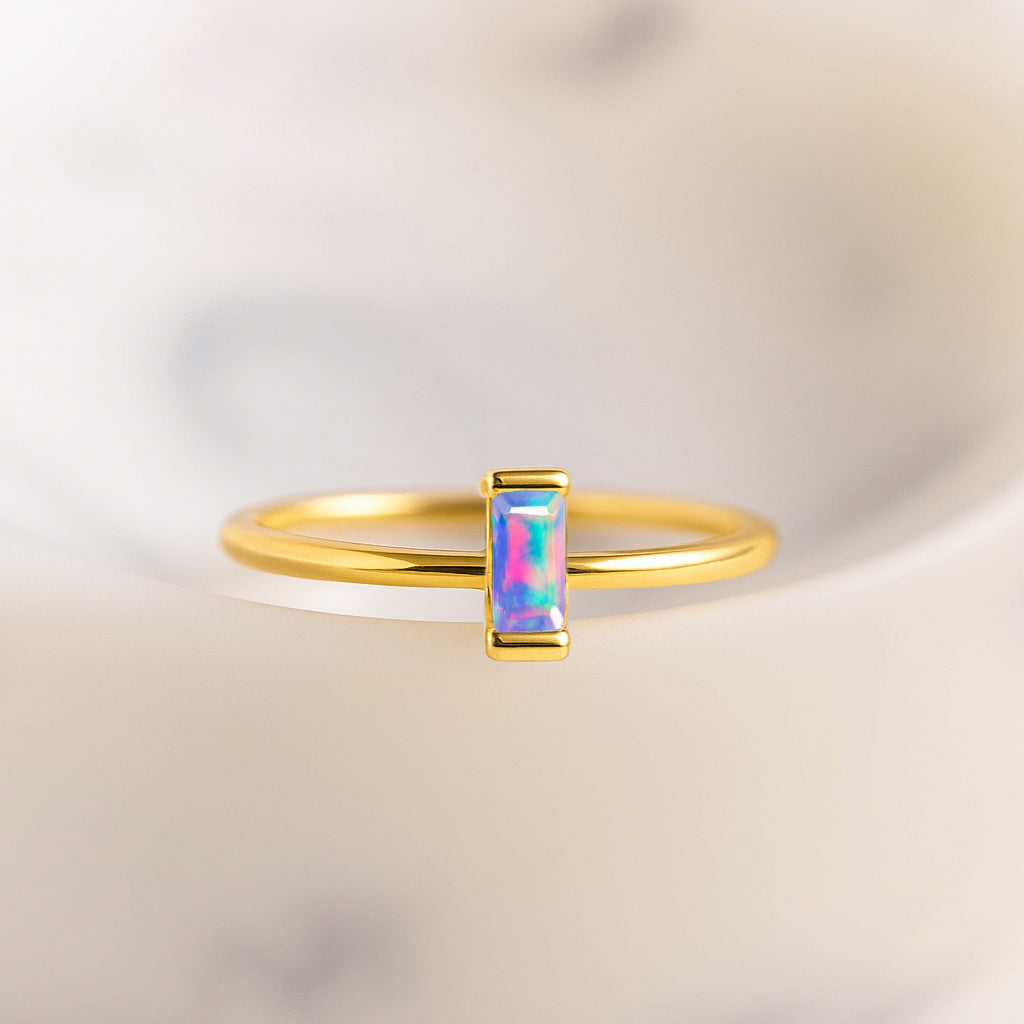 4X2MM Baguette Shape Lavender Opal Solitaire October Birthstone Ring