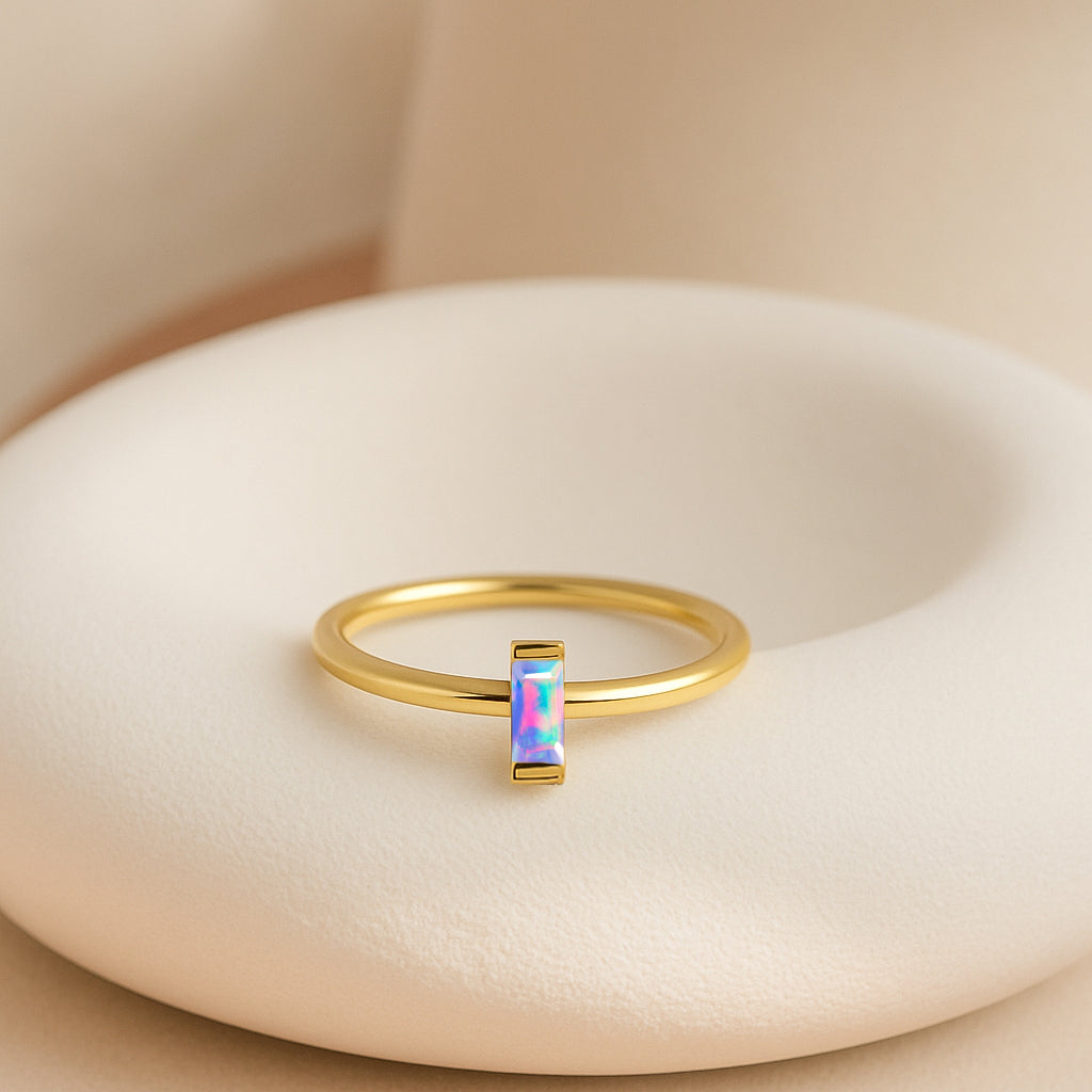 4X2MM Baguette Shape Lavender Opal Solitaire October Birthstone Ring