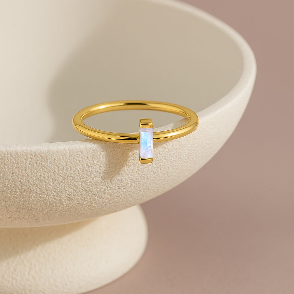 4X2MM Baguette Shape Moonstone Solitaire June Birthstone Ring