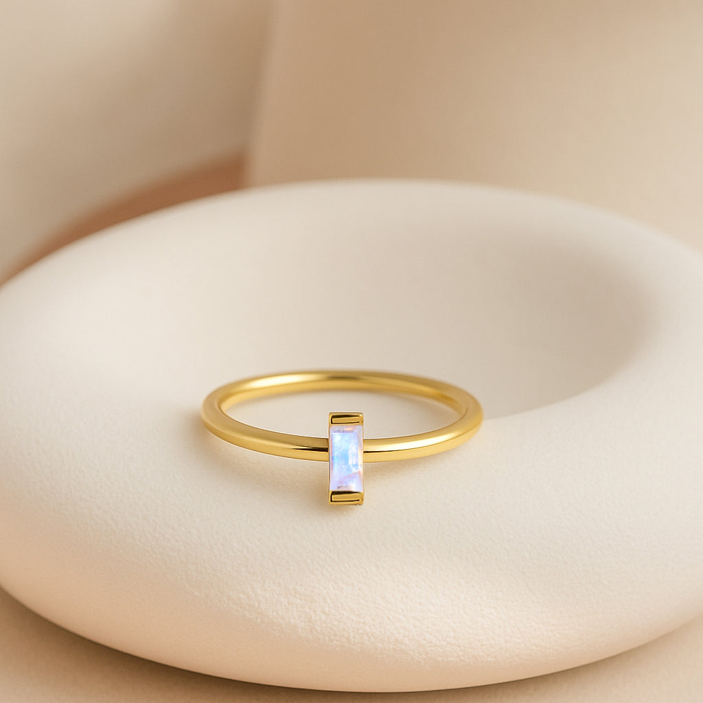 4X2MM Baguette Shape Moonstone Solitaire June Birthstone Ring