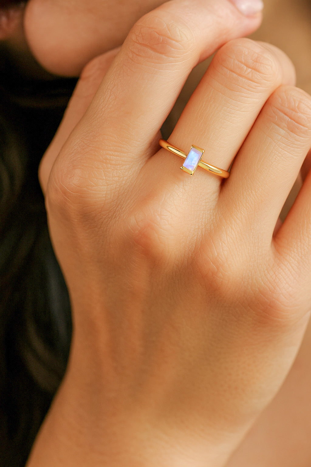 4X2MM Baguette Shape Moonstone Solitaire June Birthstone Ring