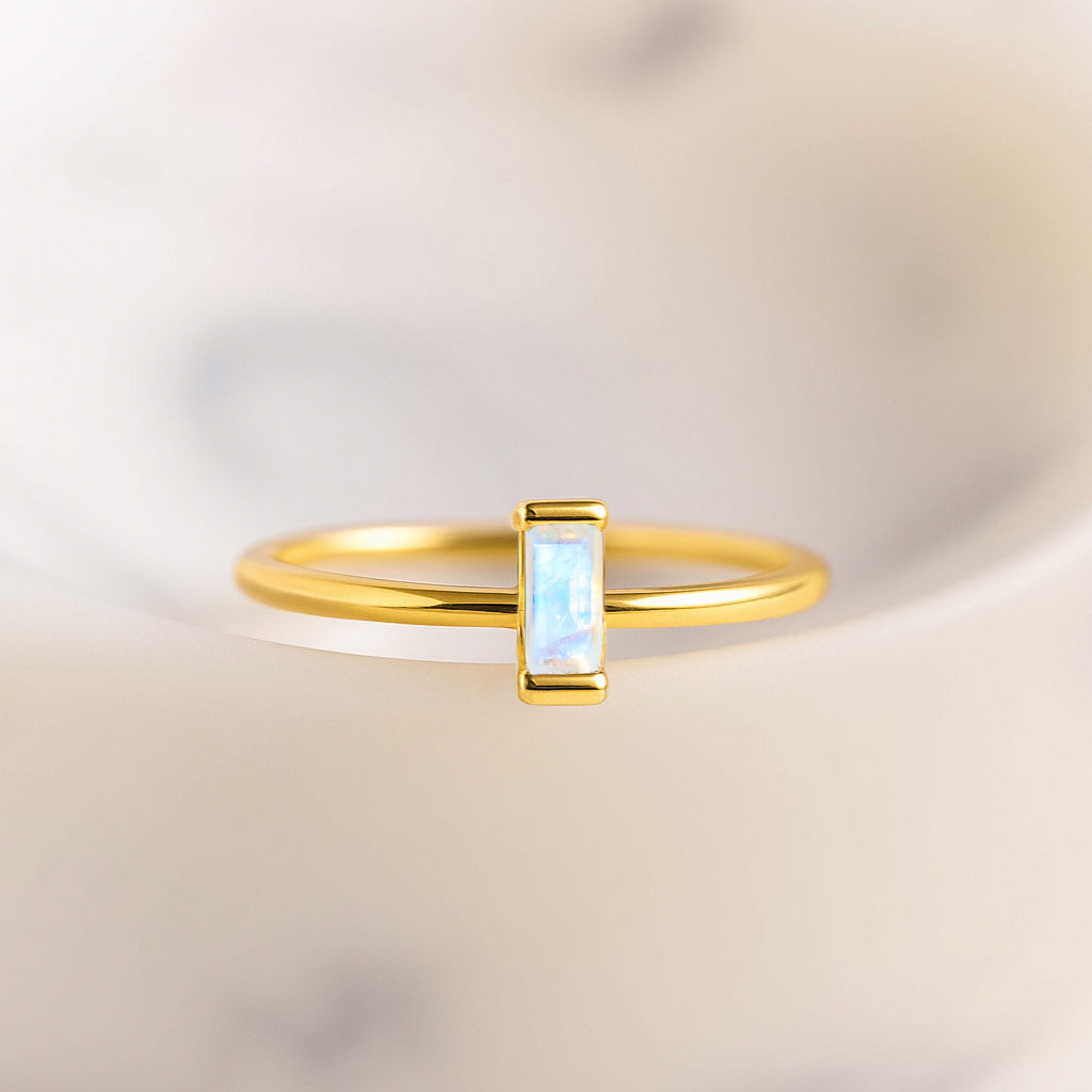 4X2MM Baguette Shape Moonstone Solitaire June Birthstone Ring