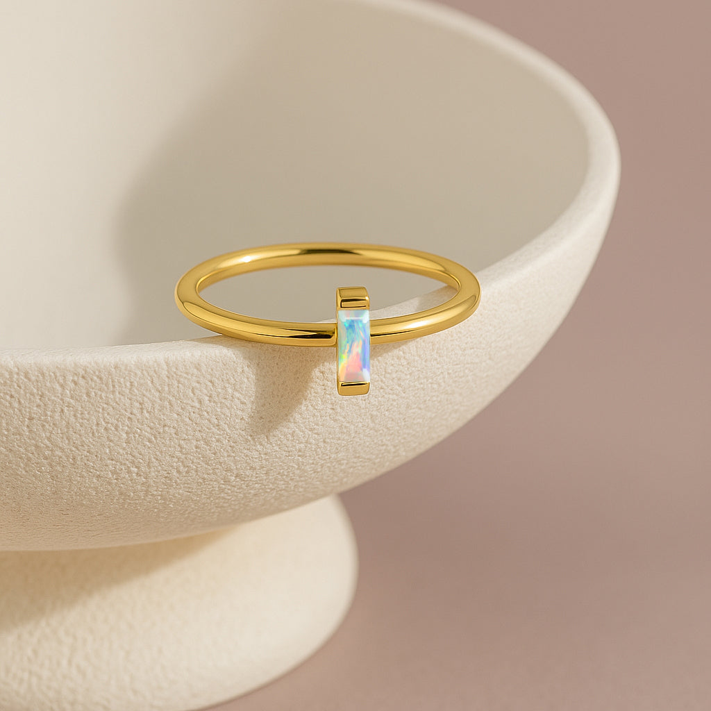 4X2MM Baguette Shape White Opal Solitaire October Birthstone Ring