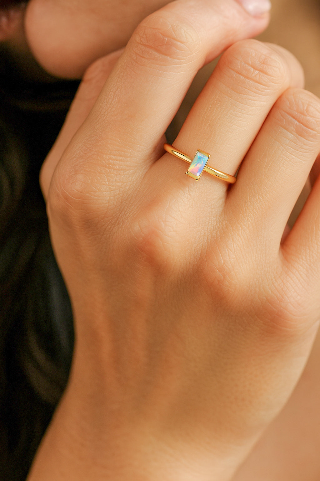 4X2MM Baguette Shape White Opal Solitaire October Birthstone Ring
