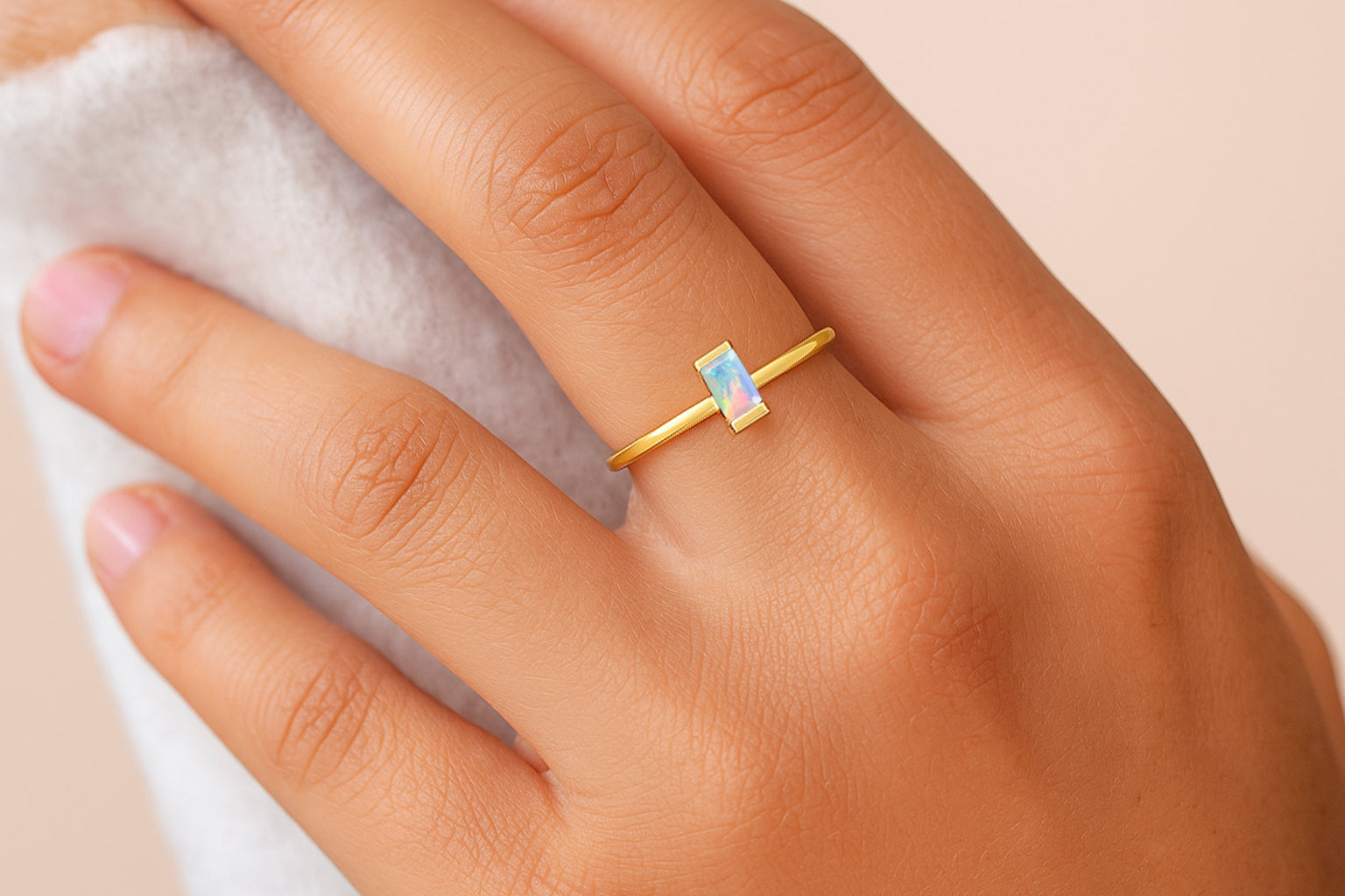 4X2MM Baguette Shape White Opal Solitaire October Birthstone Ring