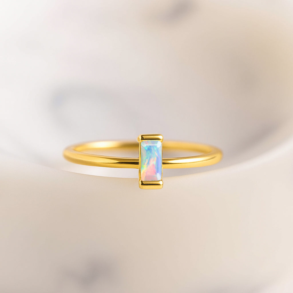 4X2MM Baguette Shape White Opal Solitaire October Birthstone Ring