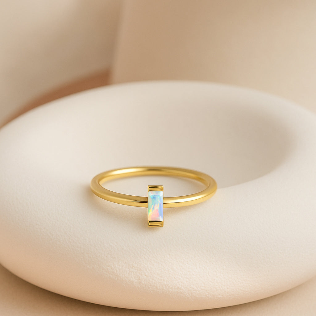 4X2MM Baguette Shape White Opal Solitaire October Birthstone Ring
