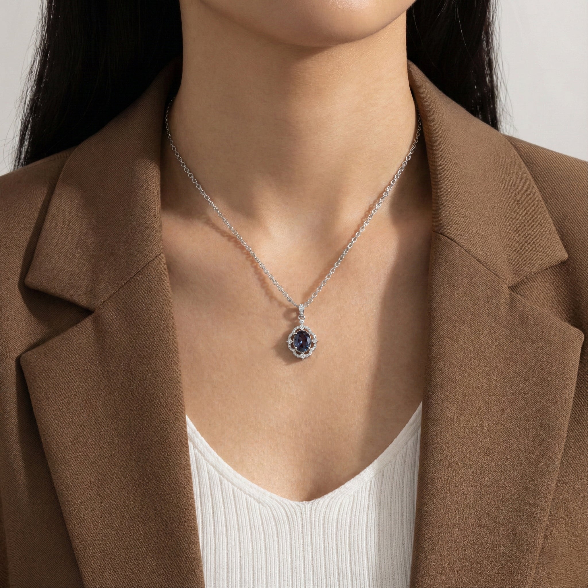 Alexandrite Oval Halo Pendant Necklace in 925 Sterling Silver 1.2ct