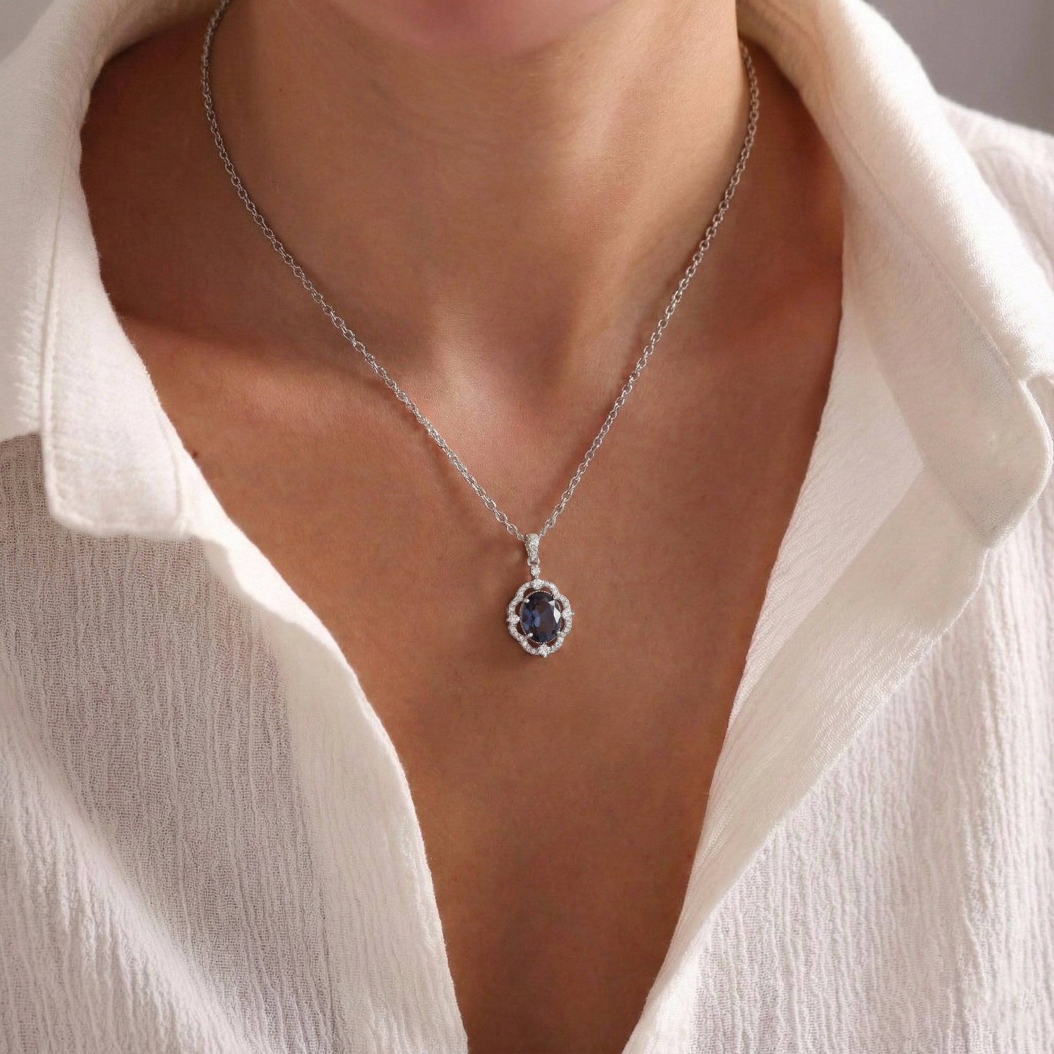 Alexandrite Oval Halo Pendant Necklace in 925 Sterling Silver 1.2ct