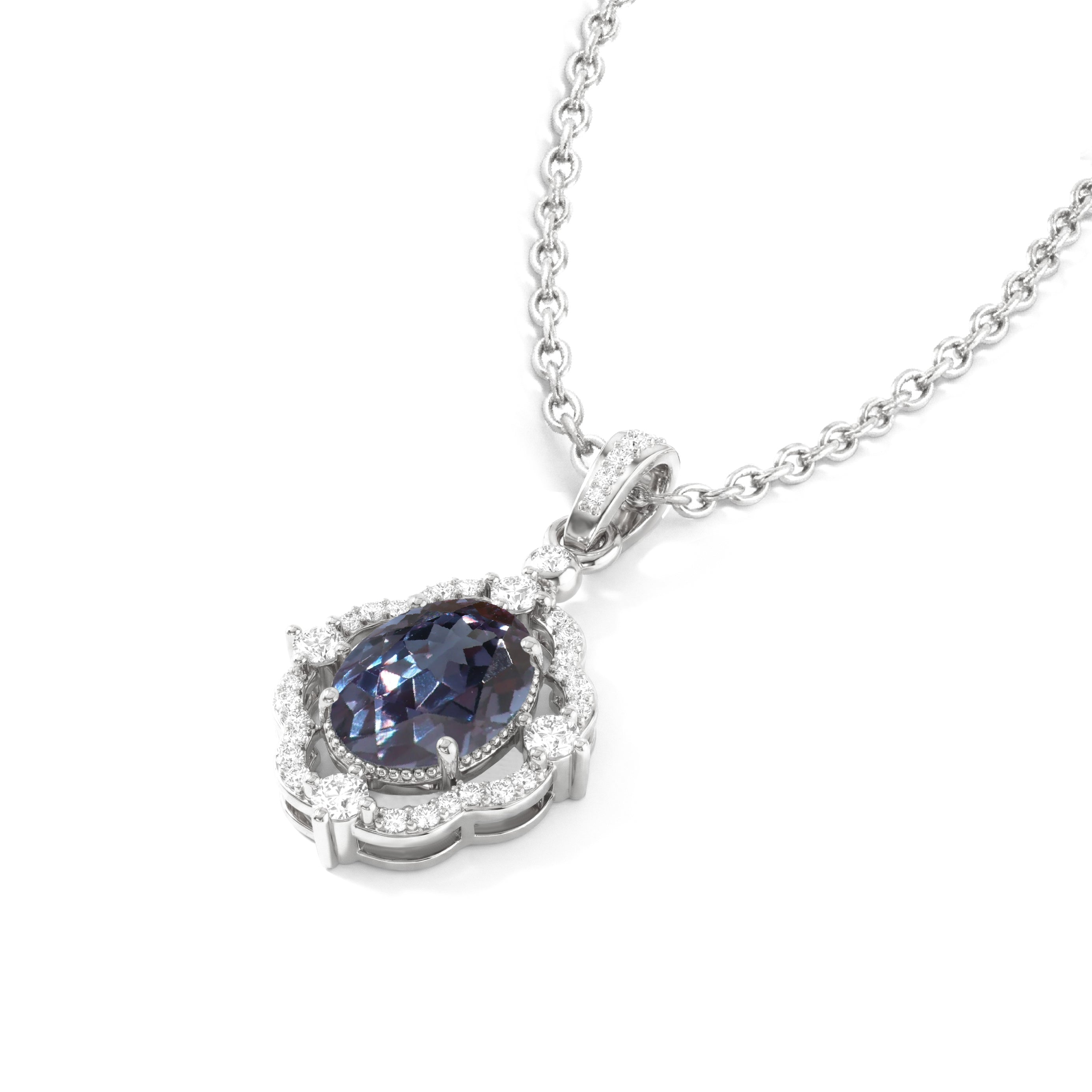 Alexandrite Oval Halo Pendant Necklace in 925 Sterling Silver 1.2ct