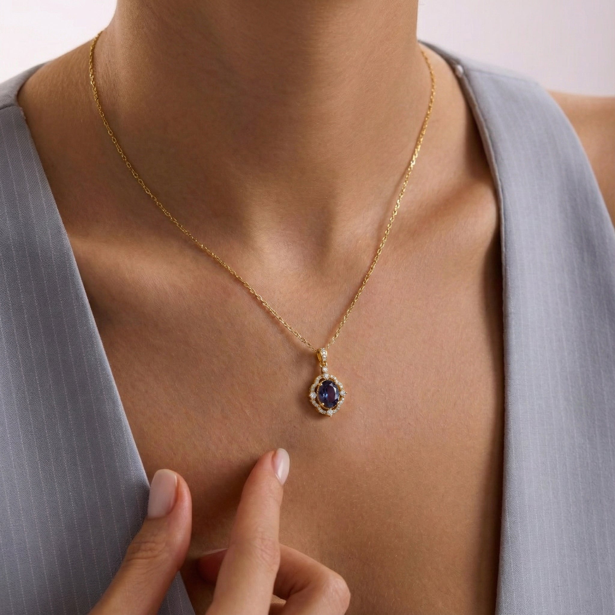 Alexandrite Oval Halo Pendant Necklace in Yellow Gold Plated 1.2ct