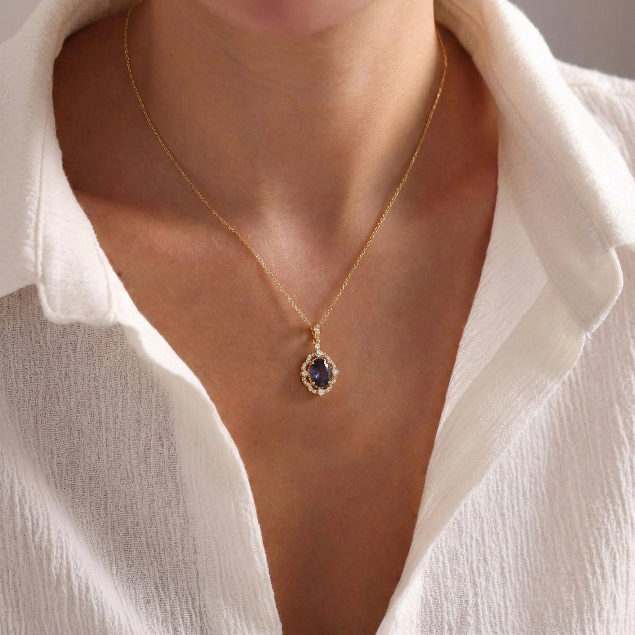 Alexandrite Oval Halo Pendant Necklace in Yellow Gold Plated 1.2ct