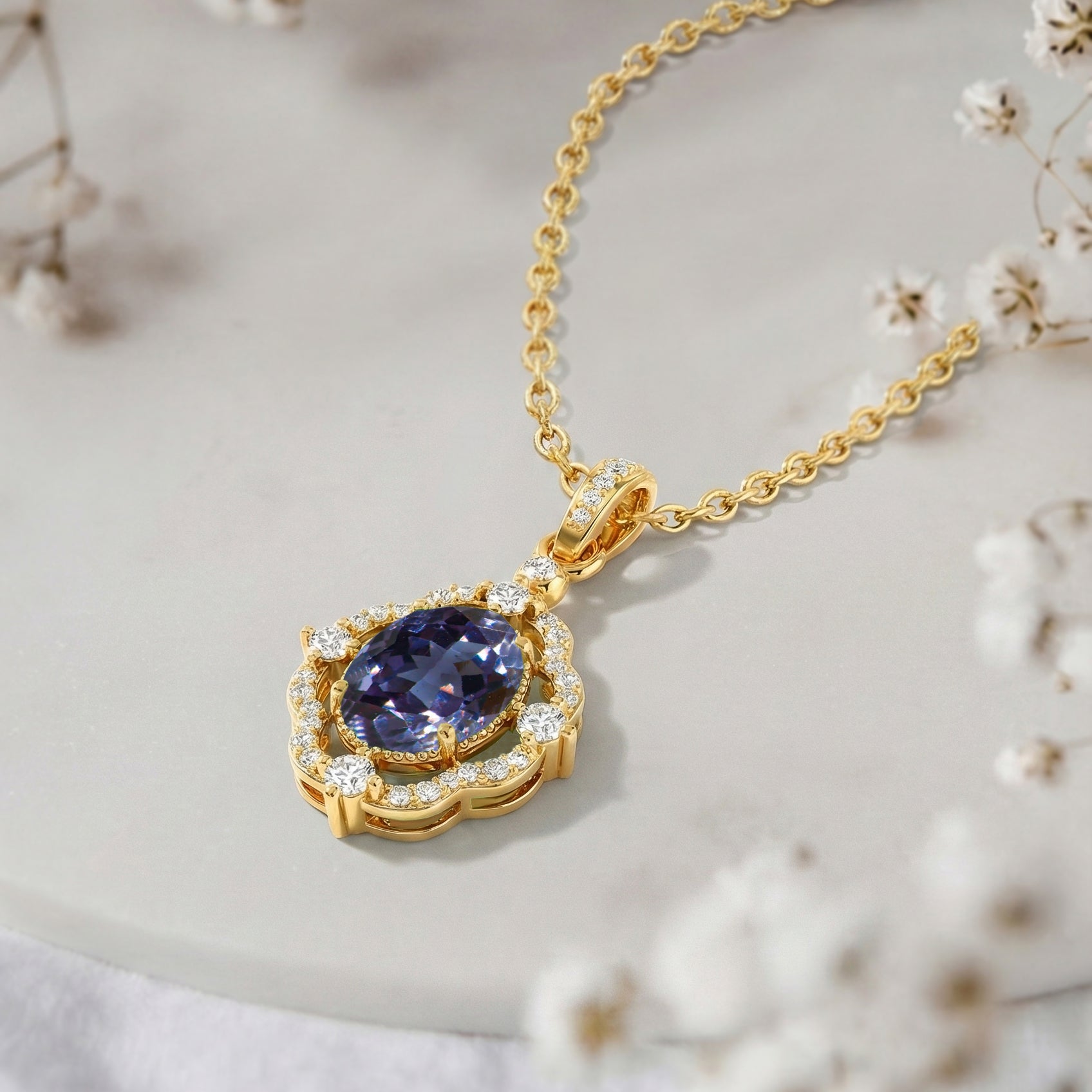 Alexandrite Oval Halo Pendant Necklace in 925 Sterling Silver 1.2ct