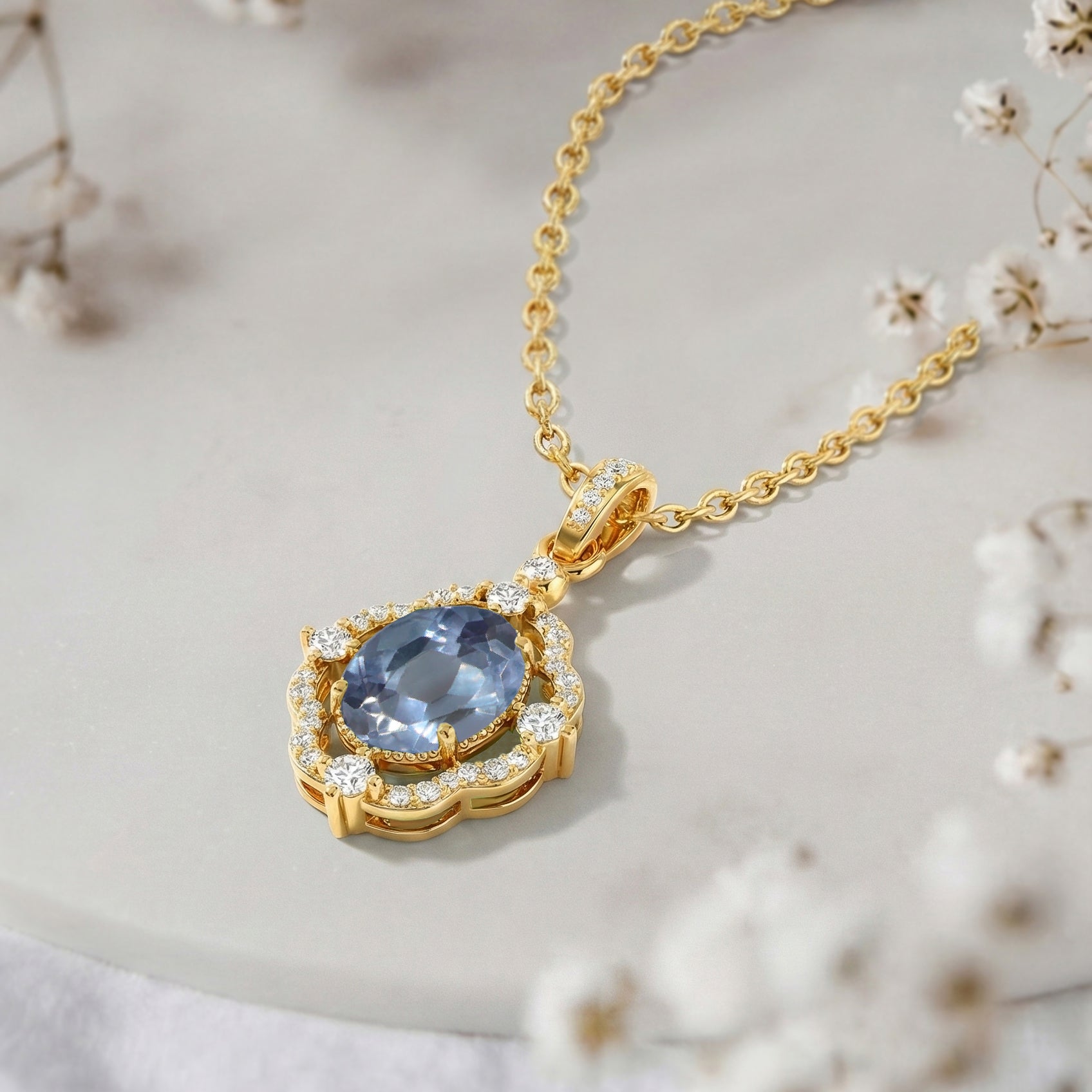 Alexandrite Oval Halo Pendant Necklace in 925 Sterling Silver 1.2ct