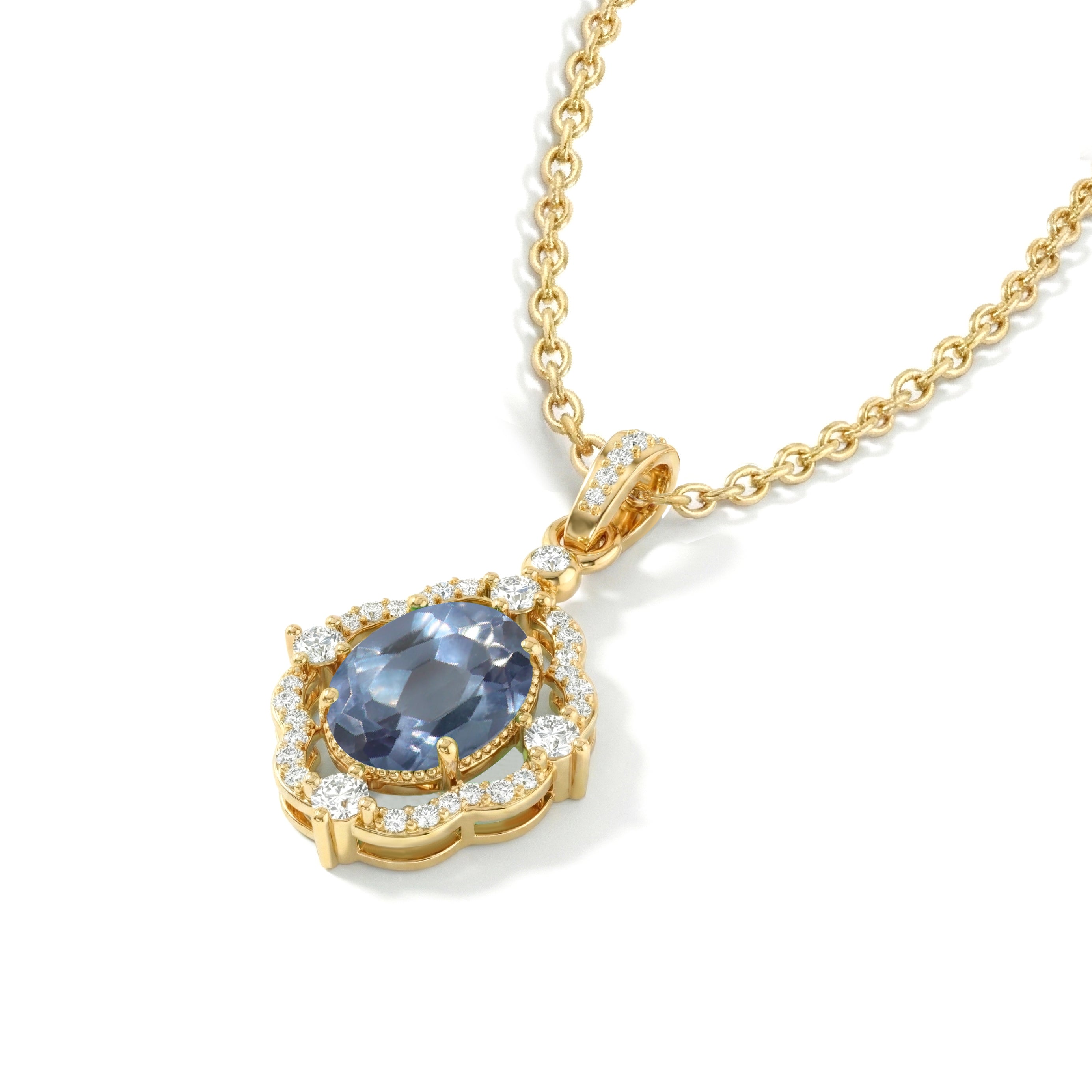 Alexandrite Oval Halo Pendant Necklace in 925 Sterling Silver 1.2ct