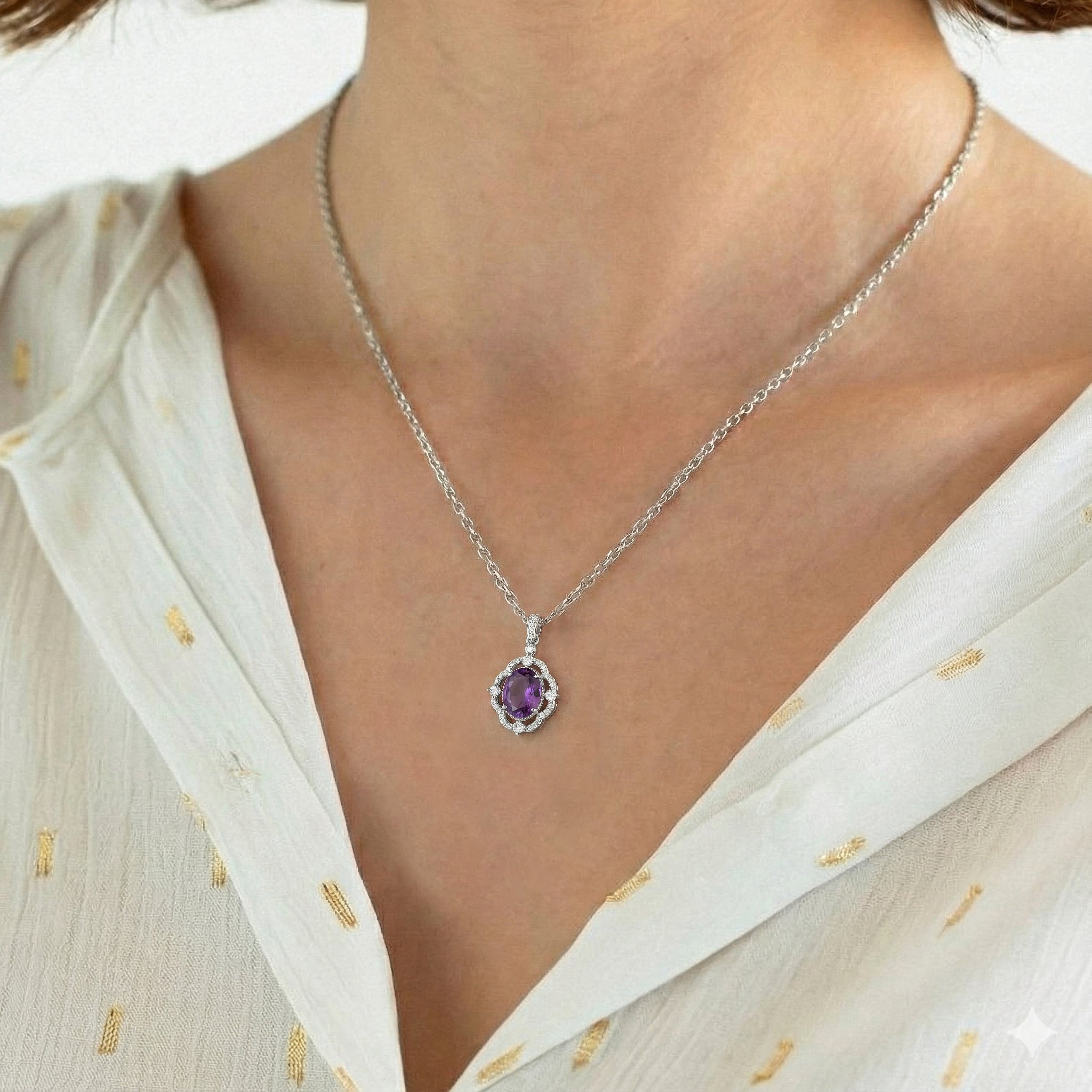 Natural Amethyst Oval Halo Pendant Necklace in 925 Sterling Silver 1.2ct