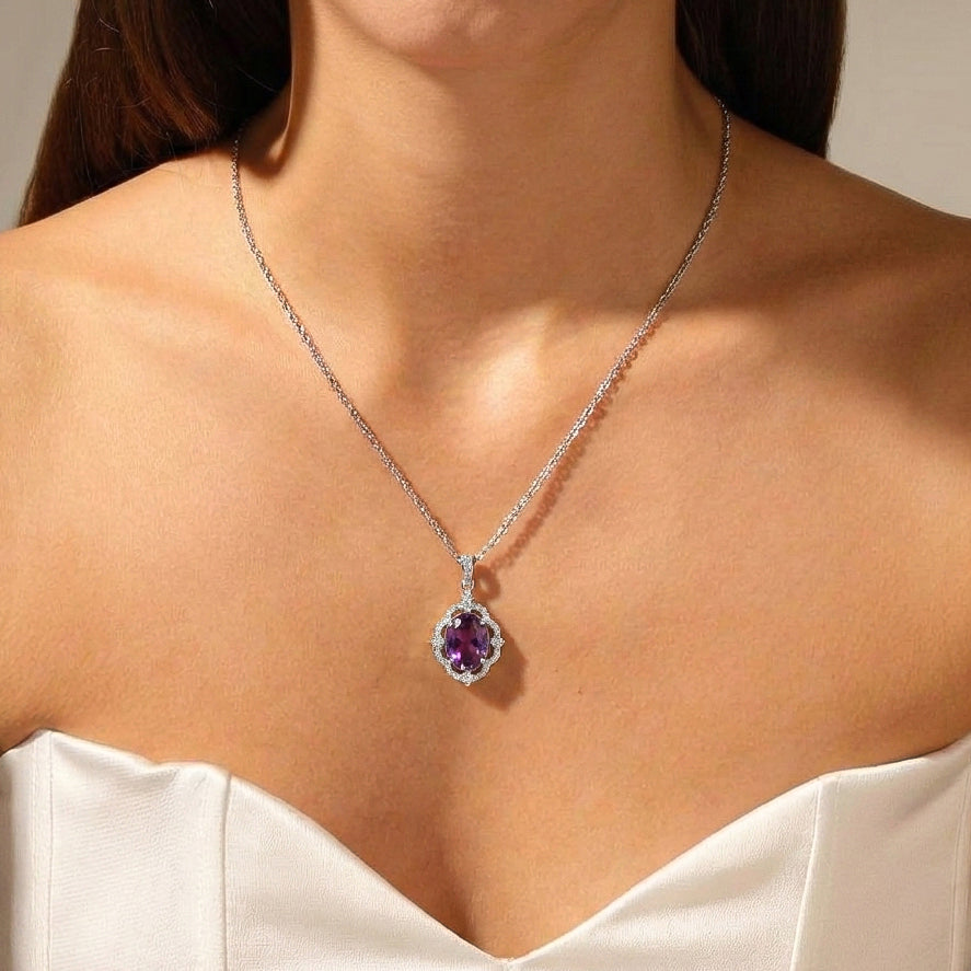 Natural Amethyst Oval Halo Pendant Necklace in 925 Sterling Silver 1.2ct