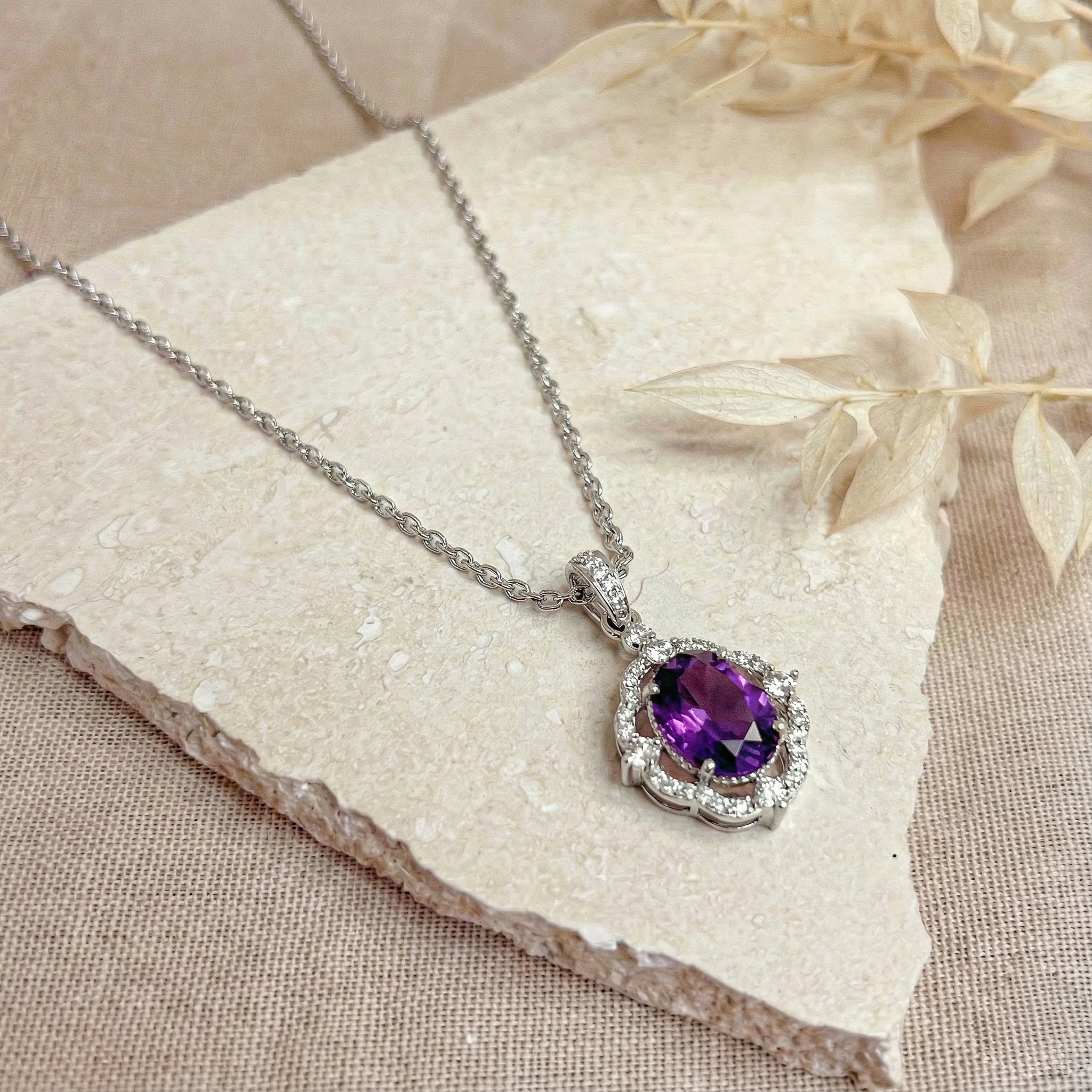 Natural Amethyst Oval Halo Pendant Necklace in 925 Sterling Silver 1.2ct