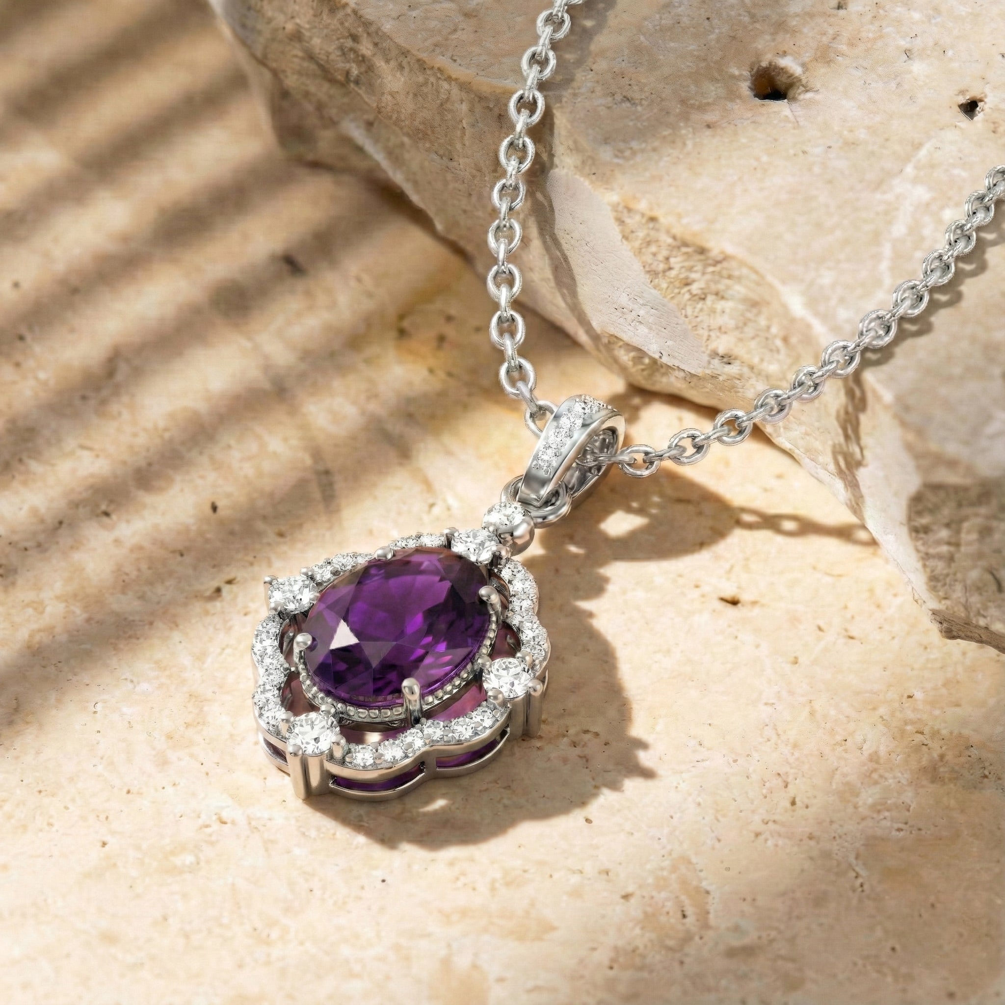 Natural Amethyst Oval Halo Pendant Necklace in 925 Sterling Silver 1.2ct