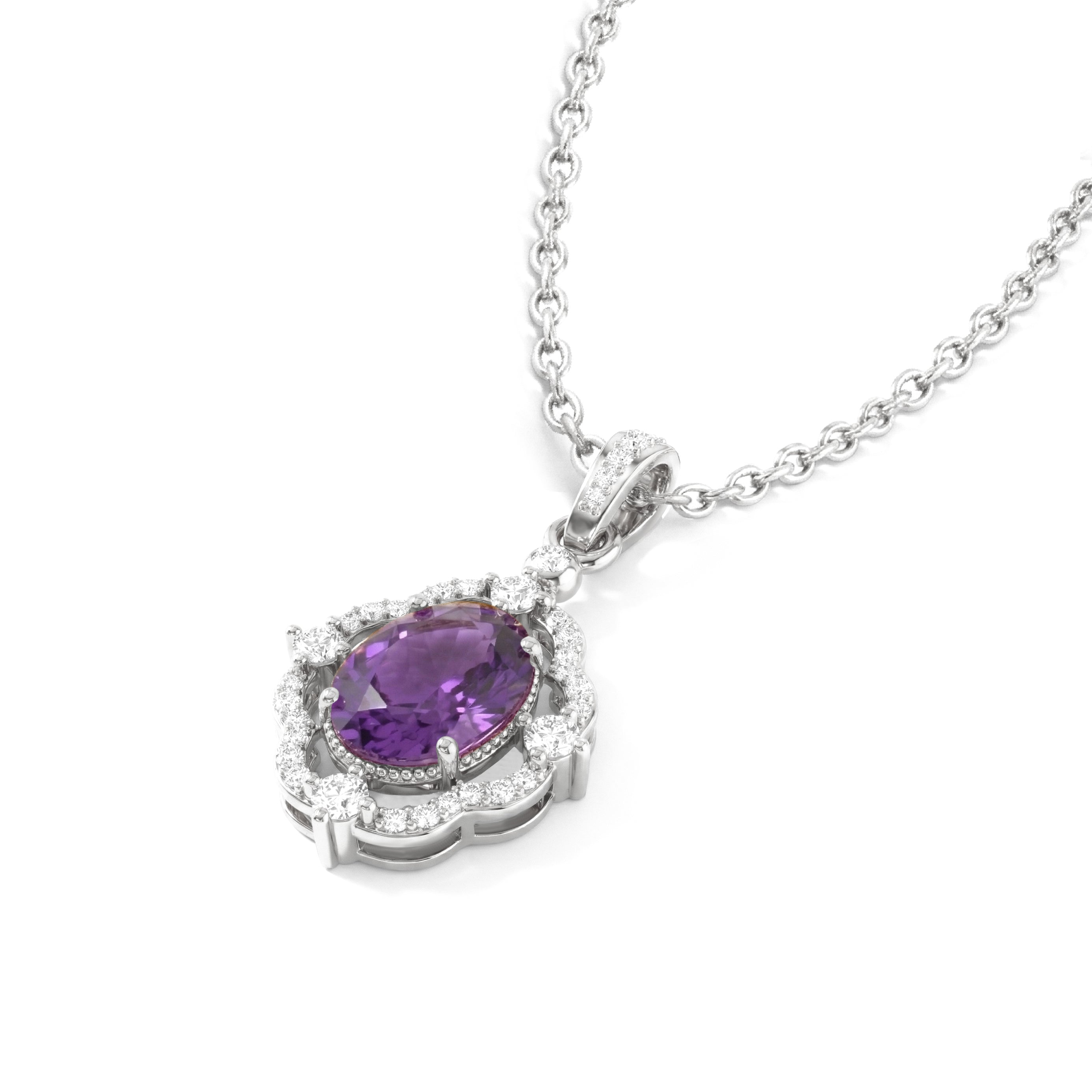 Amethyst Oval Halo Pendant Necklace in 925 Sterling Silver 1.2ct