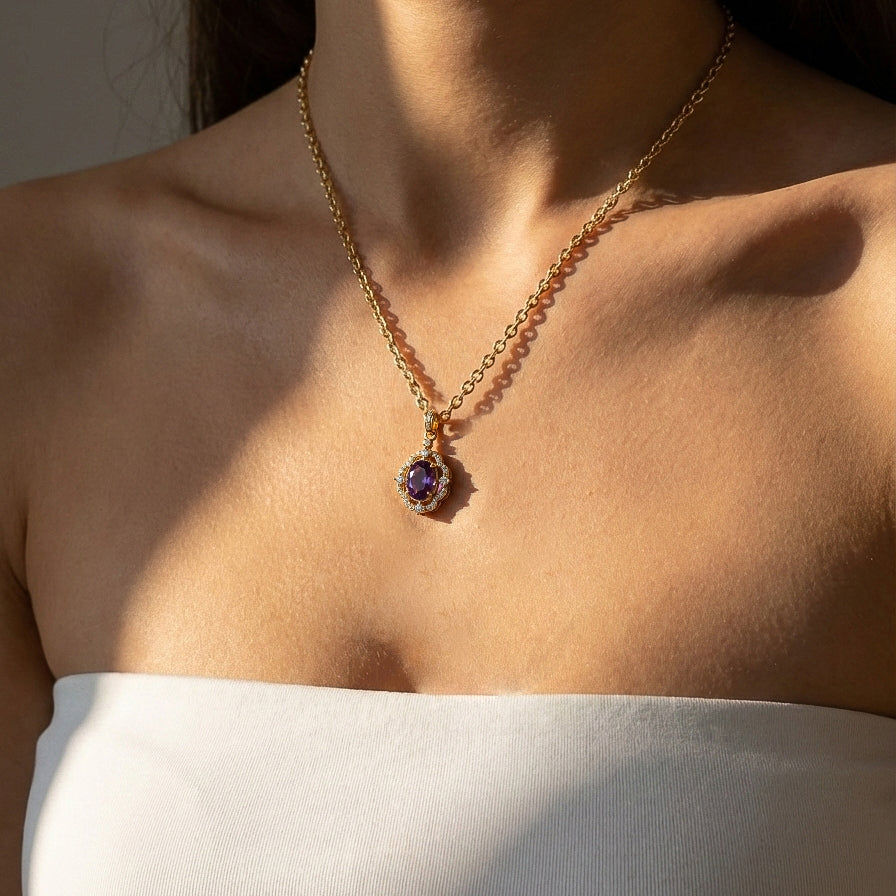 Natural Amethyst Oval Halo Pendant Necklace in 925 Sterling Silver 1.2ct