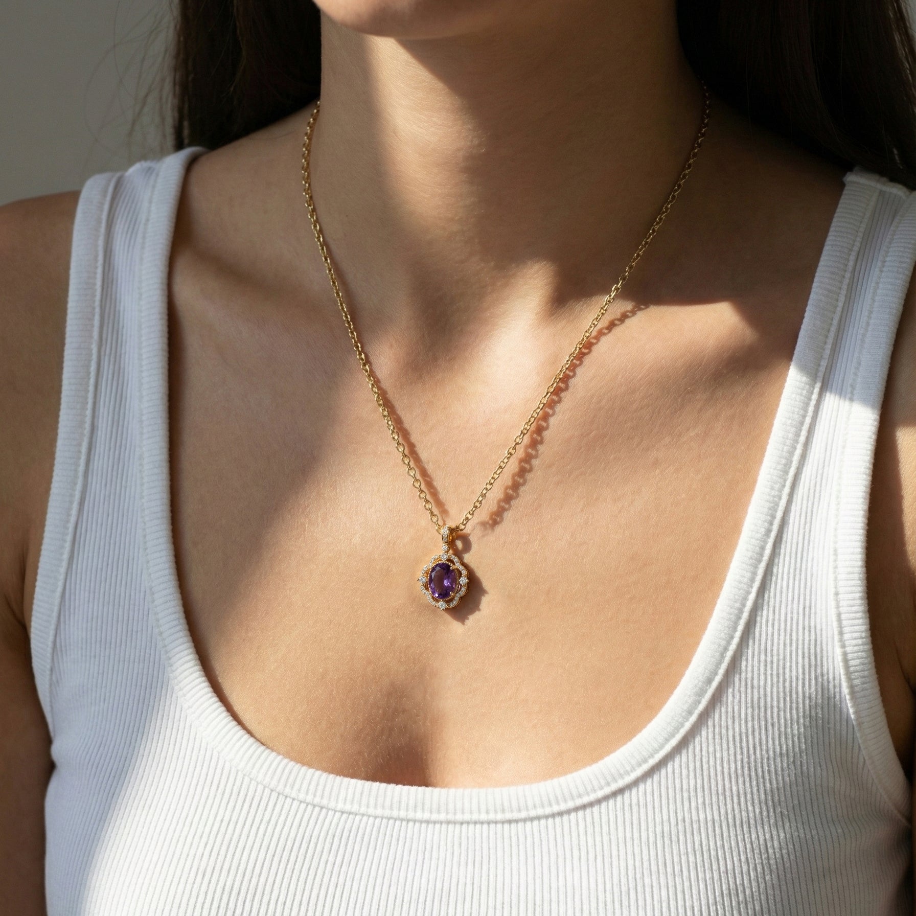 Natural Amethyst Oval Halo Pendant Necklace in 925 Sterling Silver 1.2ct