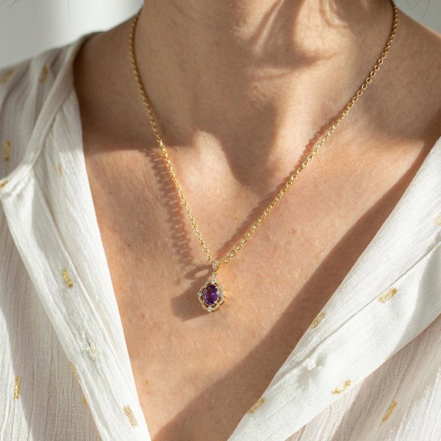 Natural Amethyst Oval Halo Pendant Necklace in 925 Sterling Silver 1.2ct