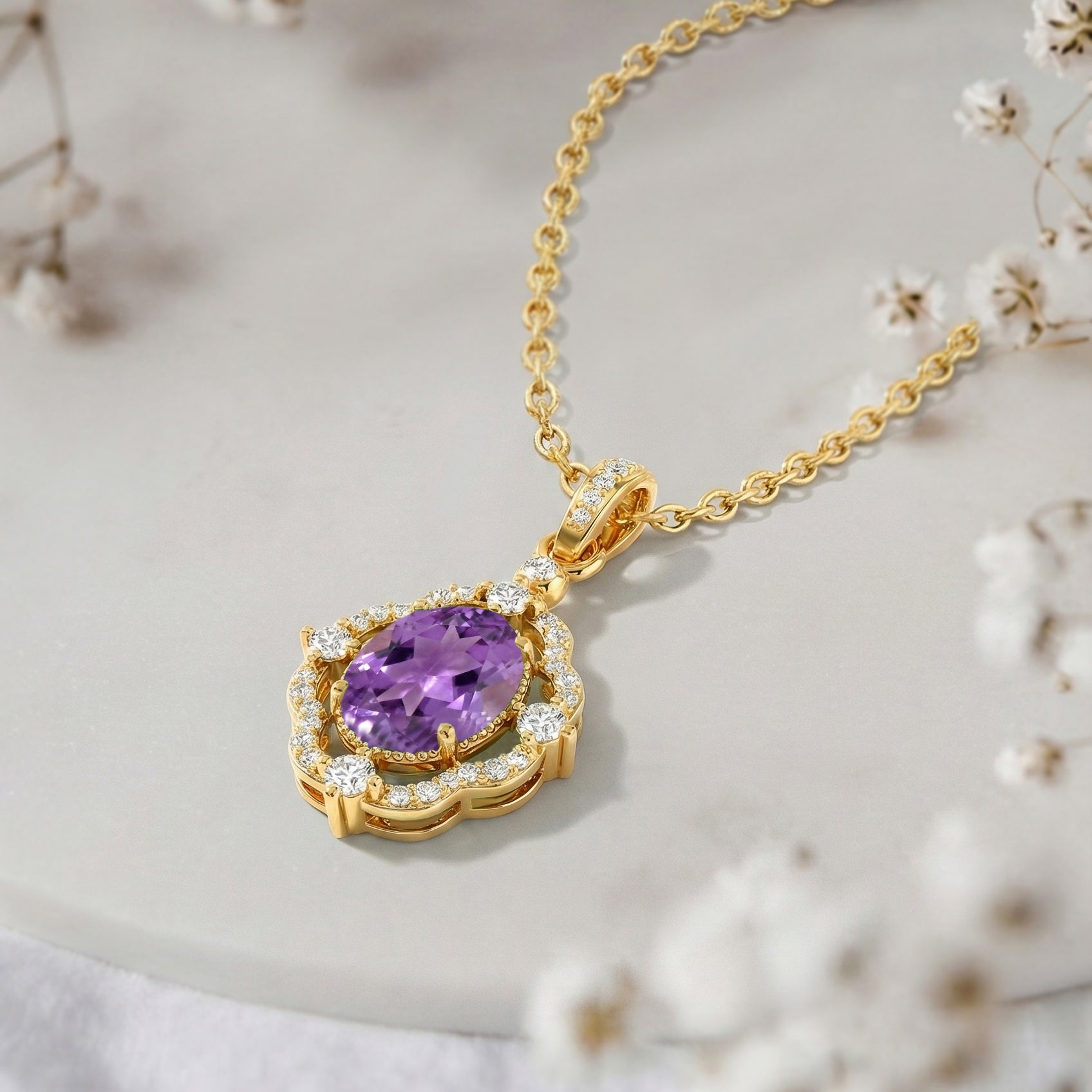 Natural Amethyst Oval Halo Pendant Necklace in 925 Sterling Silver 1.2ct