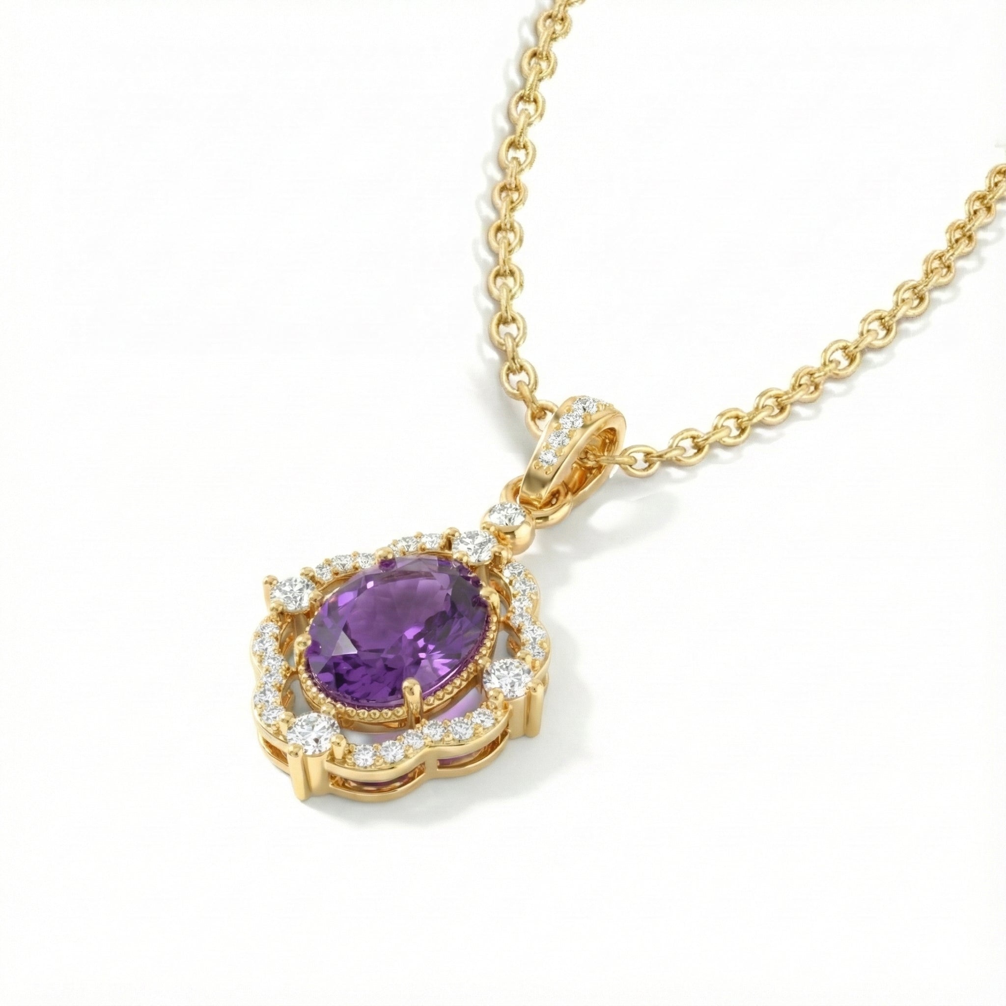 Amethyst Oval Halo Pendant Necklace in Yellow Gold Plated 1.2ct