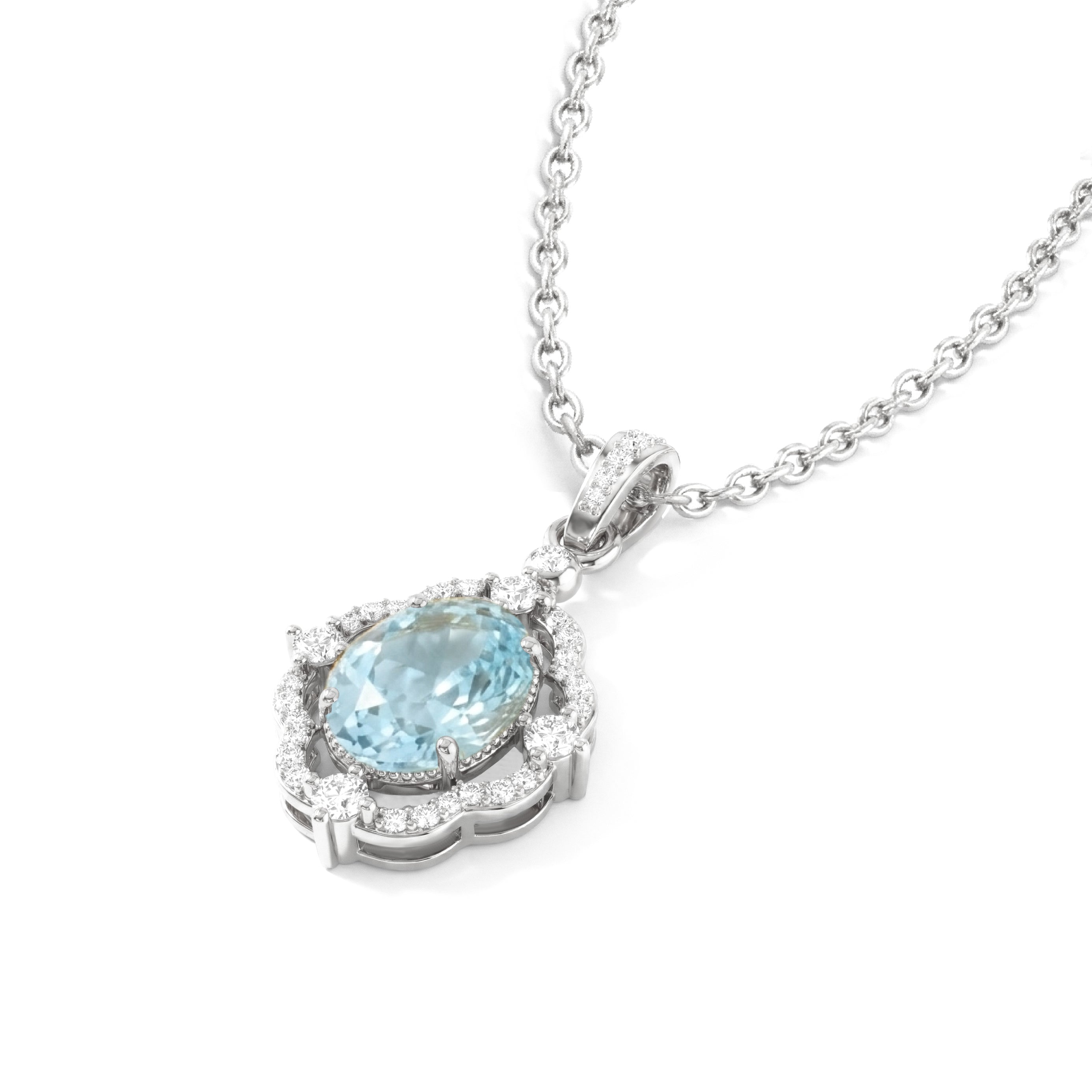 Aquamarine Oval Halo Pendant Necklace in 925 Sterling Silver 1.2ct