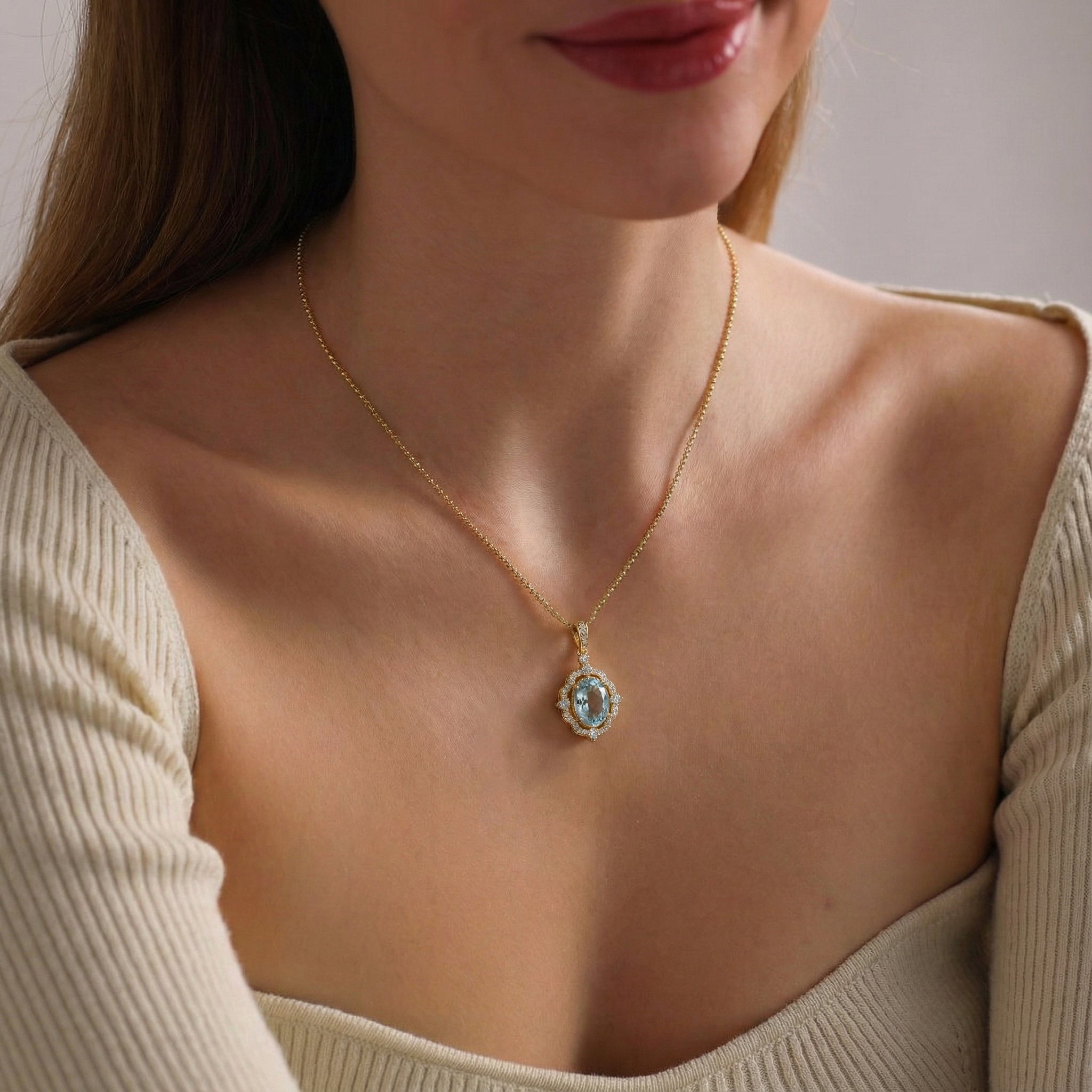Aquamarine Oval Halo Pendant Necklace in Yellow Gold Plated 1.2ct