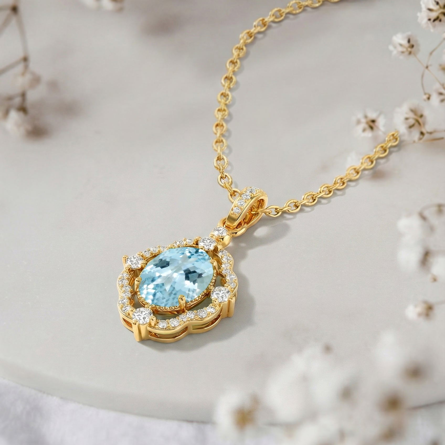 Aquamarine Oval Halo Pendant Necklace in Yellow Gold Plated 1.2ct