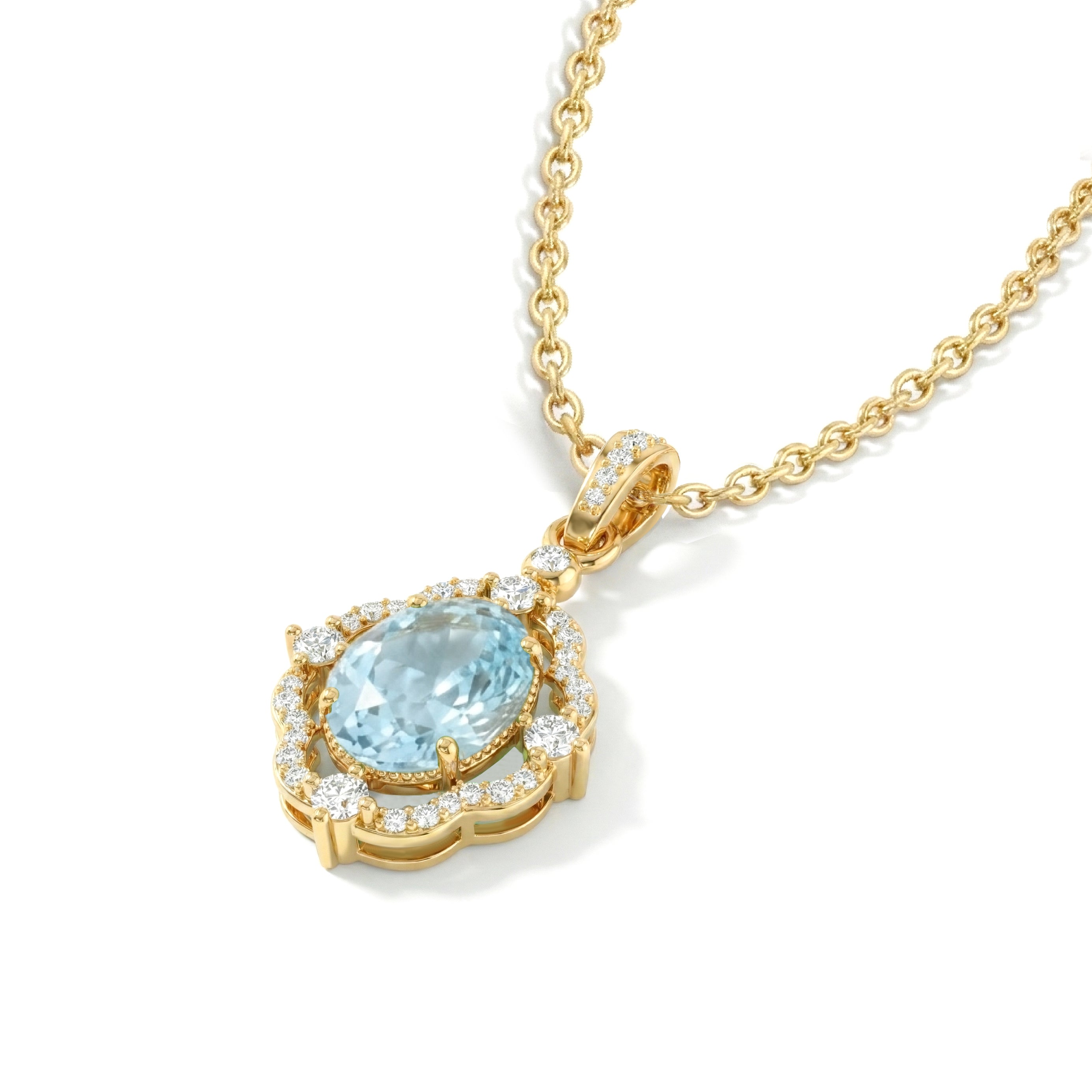 Aquamarine Oval Halo Pendant Necklace in Yellow Gold Plated 1.2ct