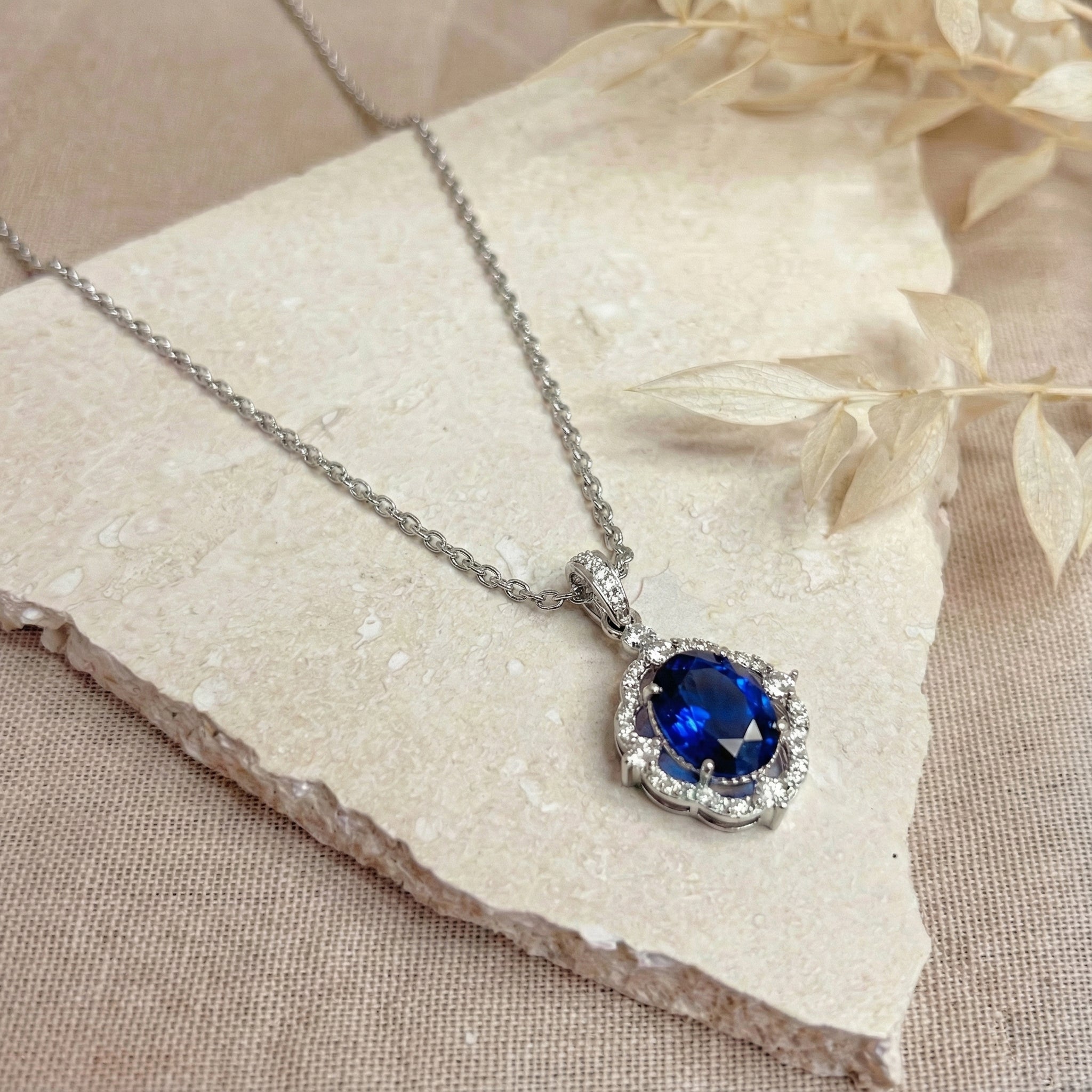 Blue Sapphire Oval Halo Pendant Necklace in 925 Sterling Silver 1.2ct