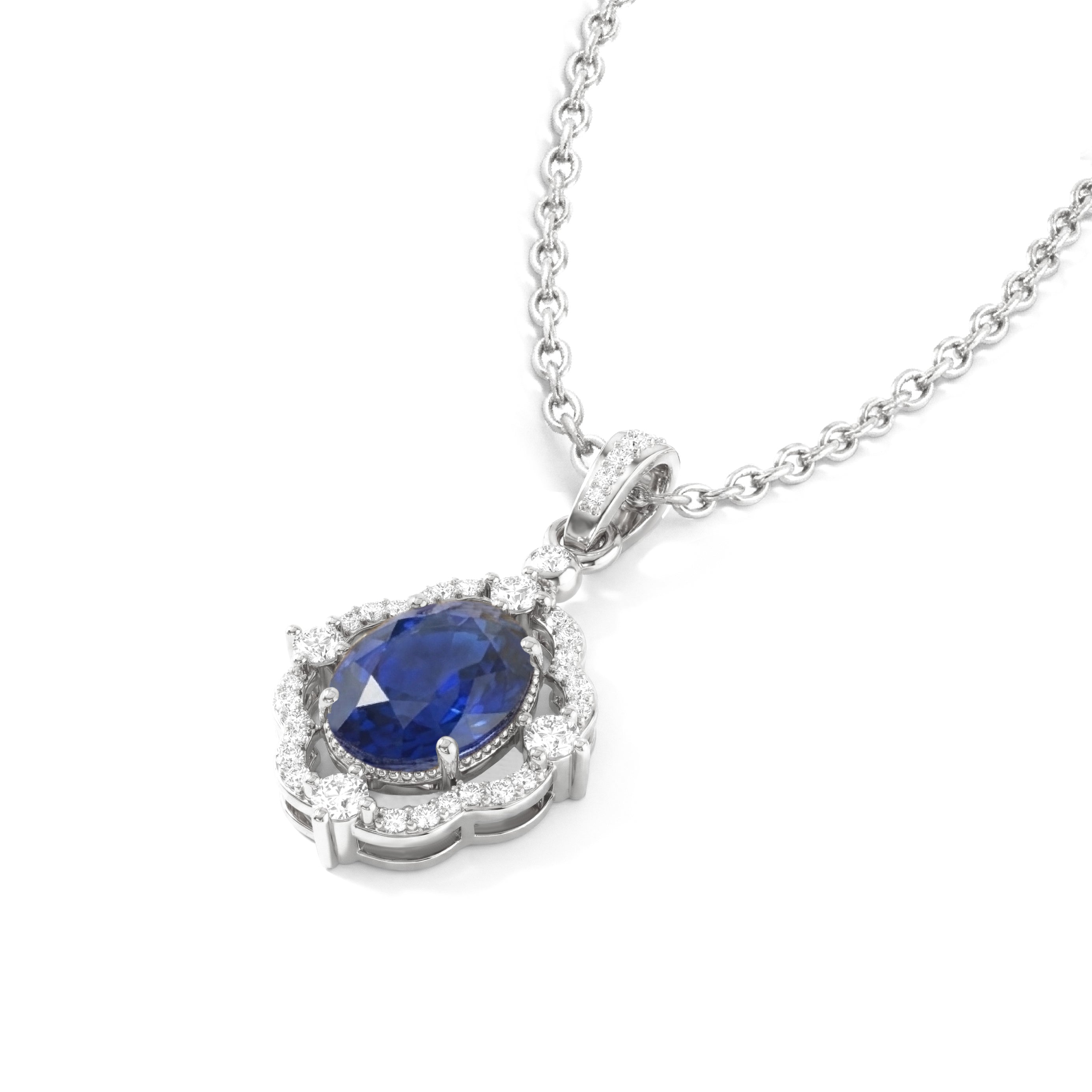 Blue Sapphire Oval Halo Pendant Necklace in 925 Sterling Silver 1.2ct