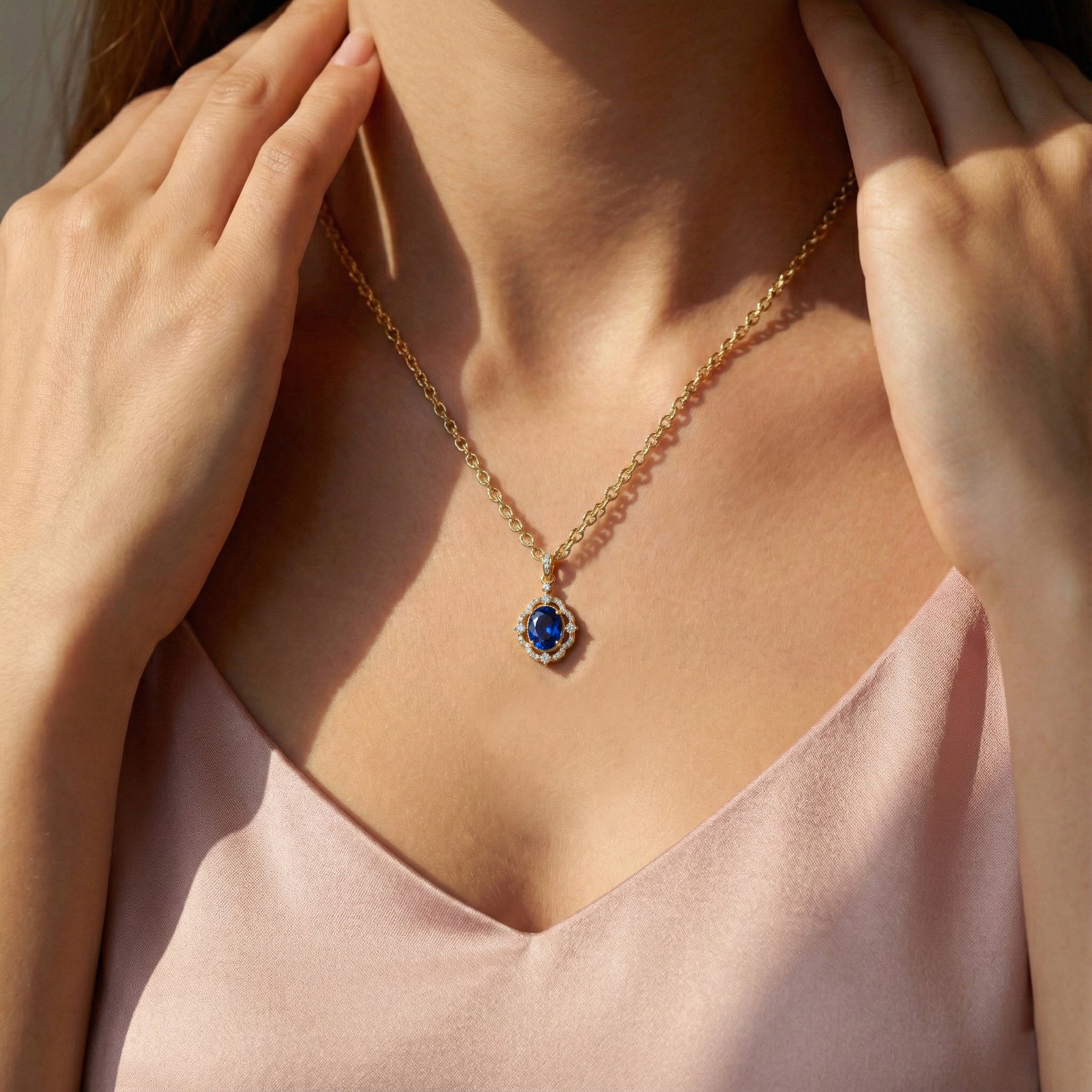 Blue Sapphire Oval Halo Pendant Necklace in 925 Sterling Silver 1.2ct