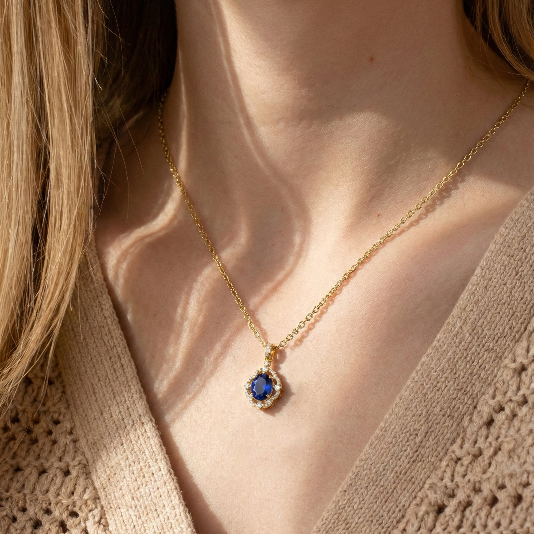 Blue Sapphire Oval Halo Pendant Necklace in Yellow Gold Plated 1.2ct