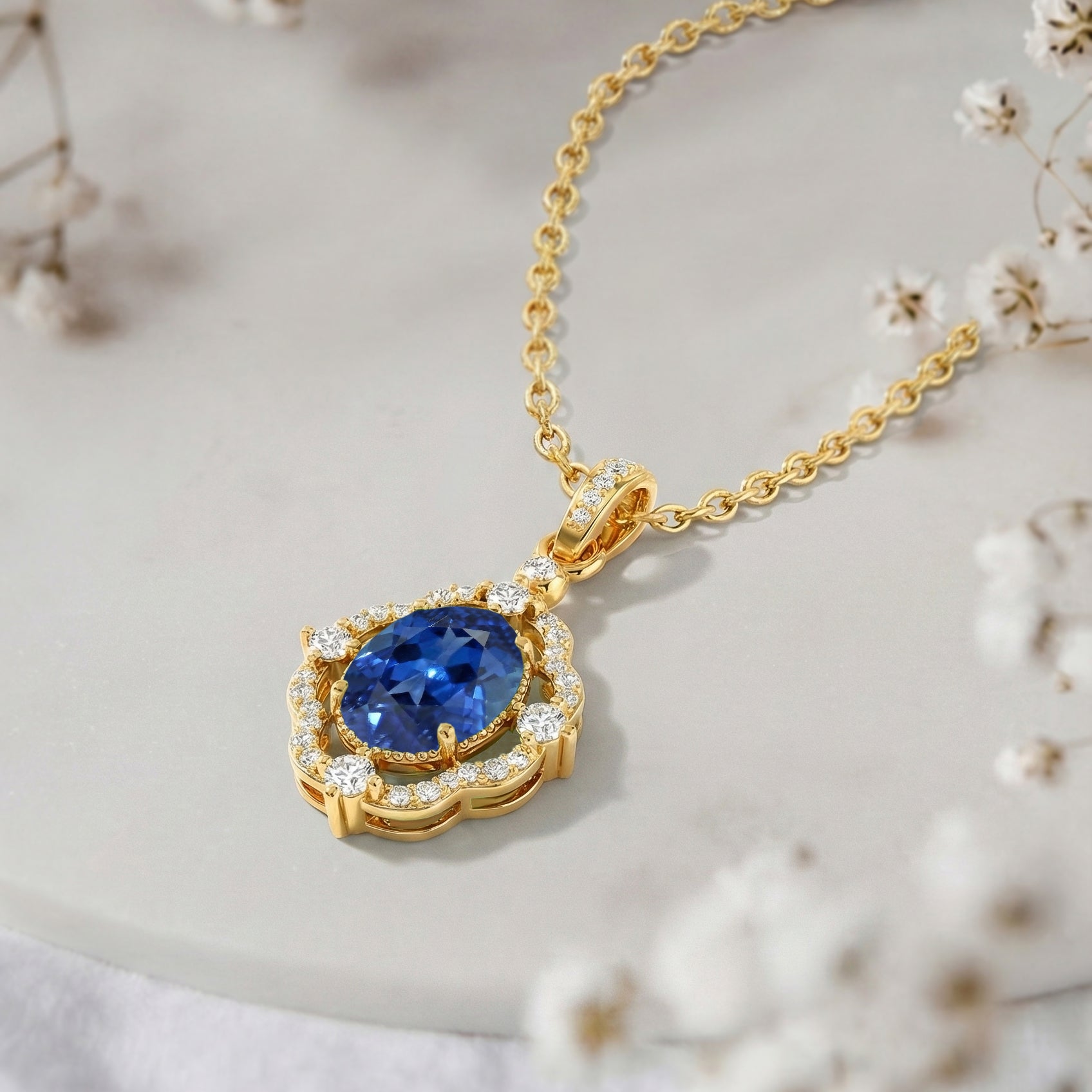 Blue Sapphire Oval Halo Pendant Necklace in Yellow Gold Plated 1.2ct