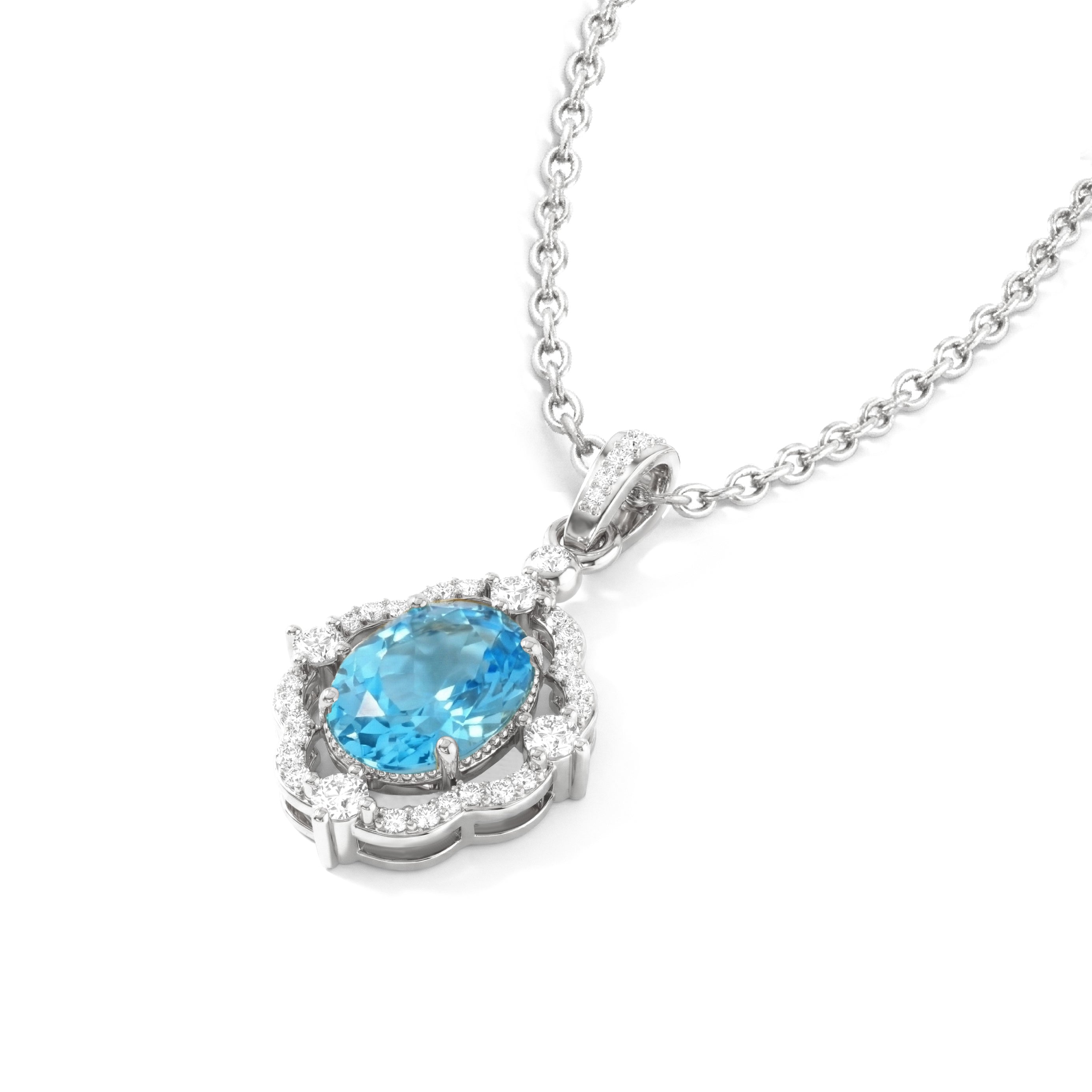 Natural Blue Topaz Oval Halo Pendant Necklace in 925 Sterling Silver 1.2ct