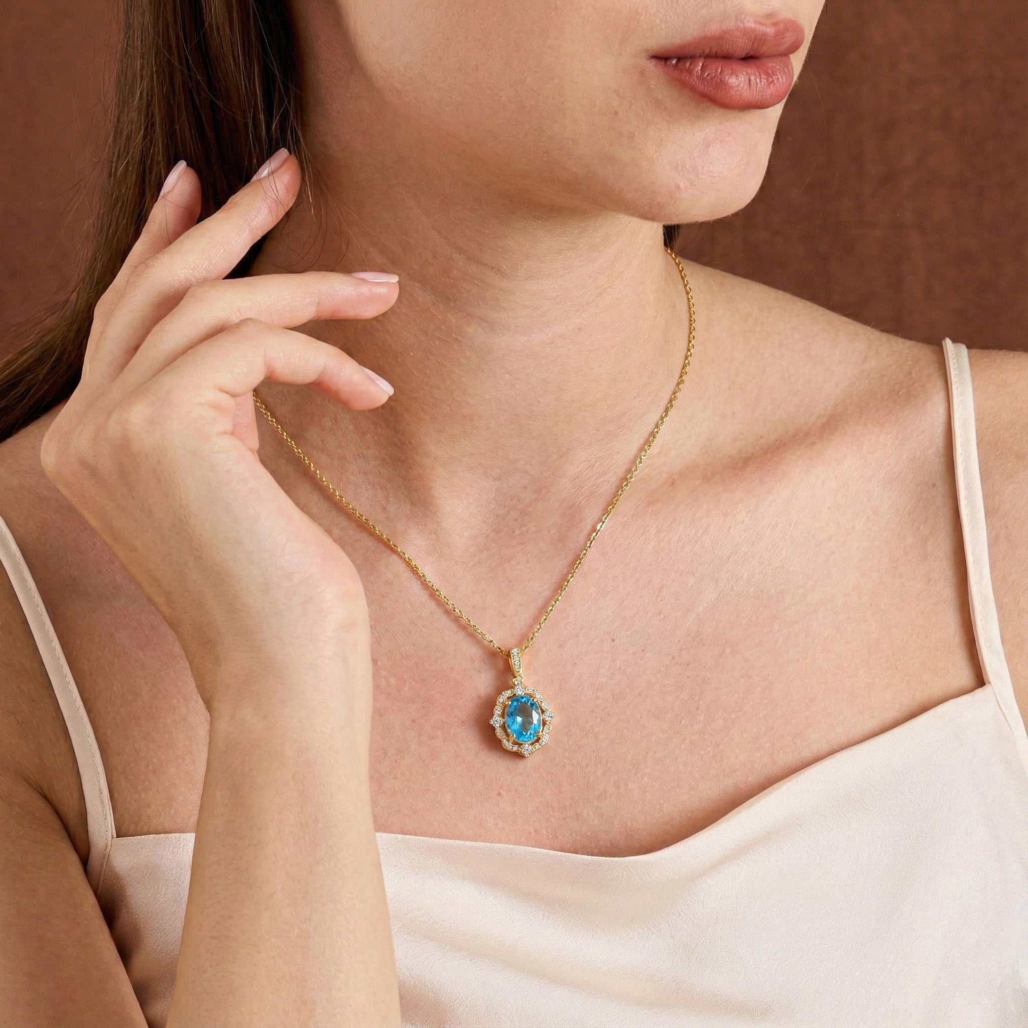 Blue Topaz Oval Halo Pendant Necklace in Yellow Gold Plated 1.2ct