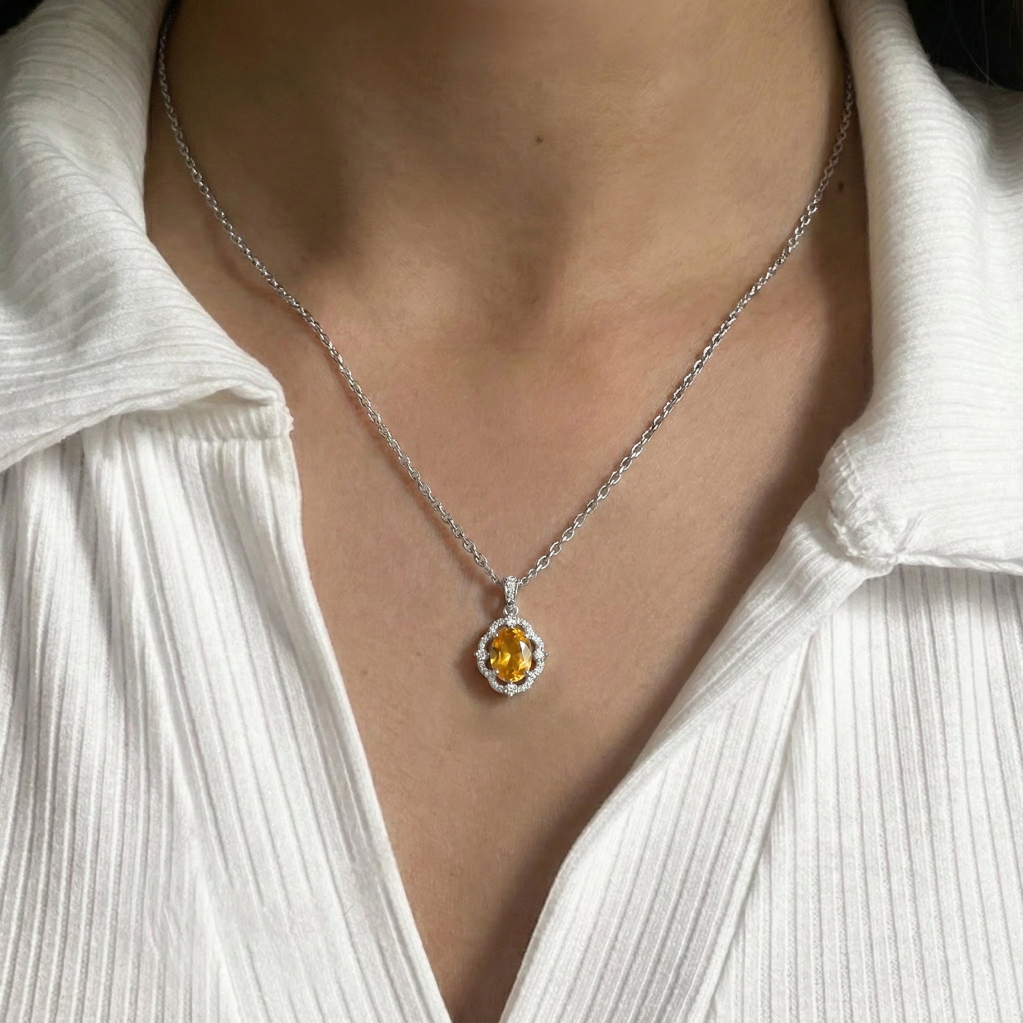 Natural Citrine Oval Halo Pendant Necklace in 925 Sterling Silver 1.2ct
