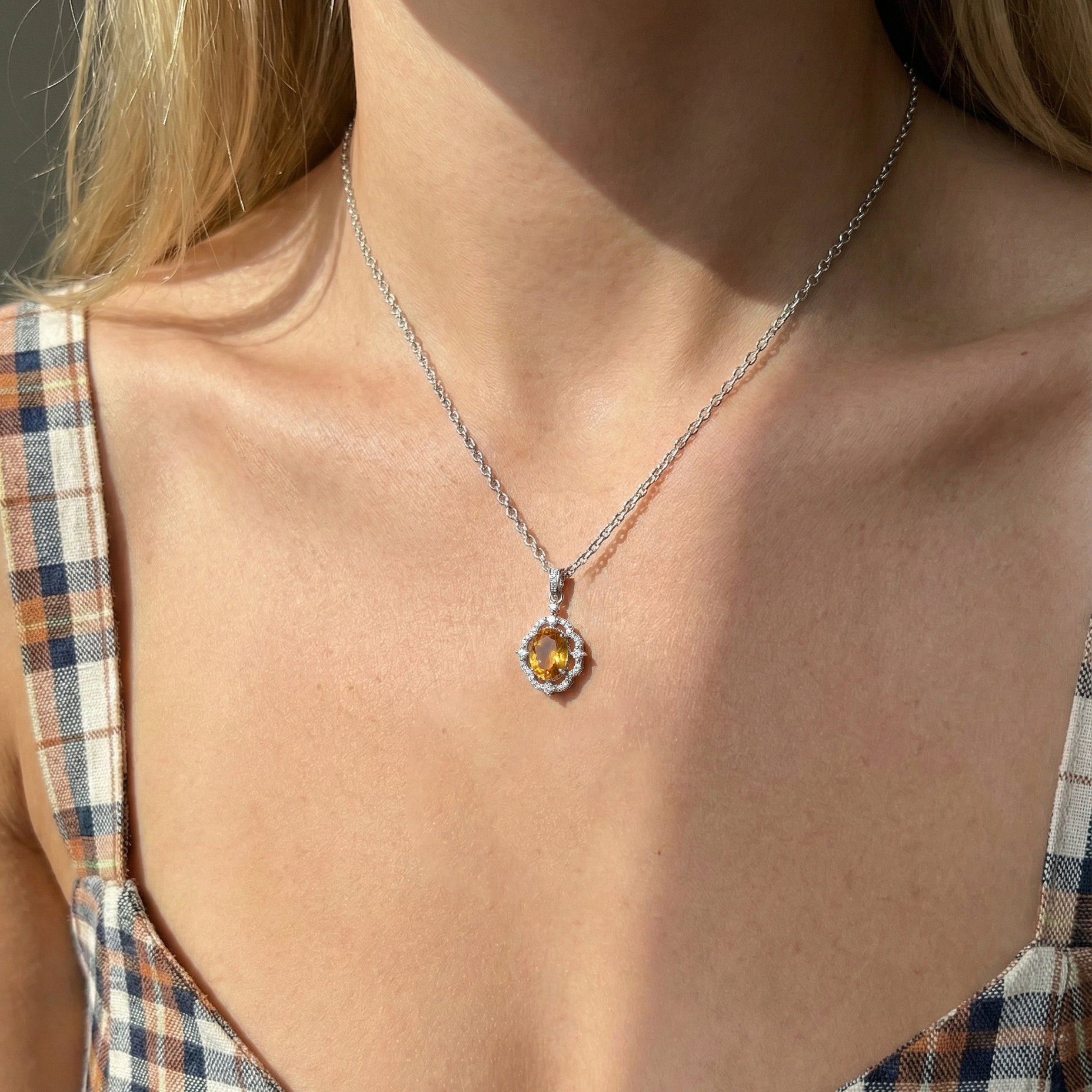 Natural Citrine Oval Halo Pendant Necklace in 925 Sterling Silver 1.2ct