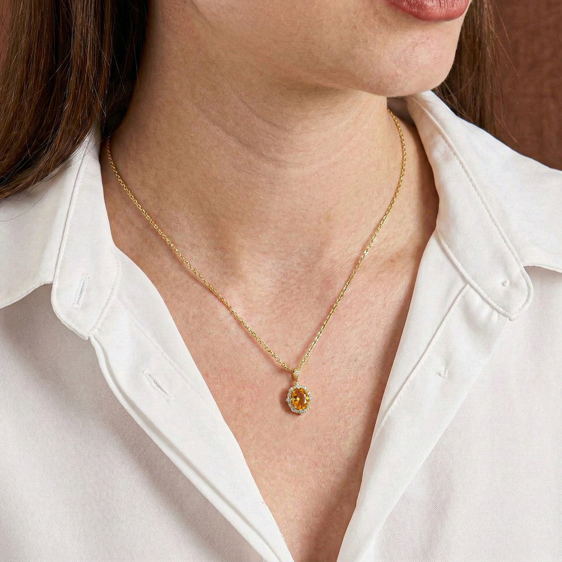 Citrine Oval Halo Pendant Necklace in Yellow Gold Plated 1.2ct